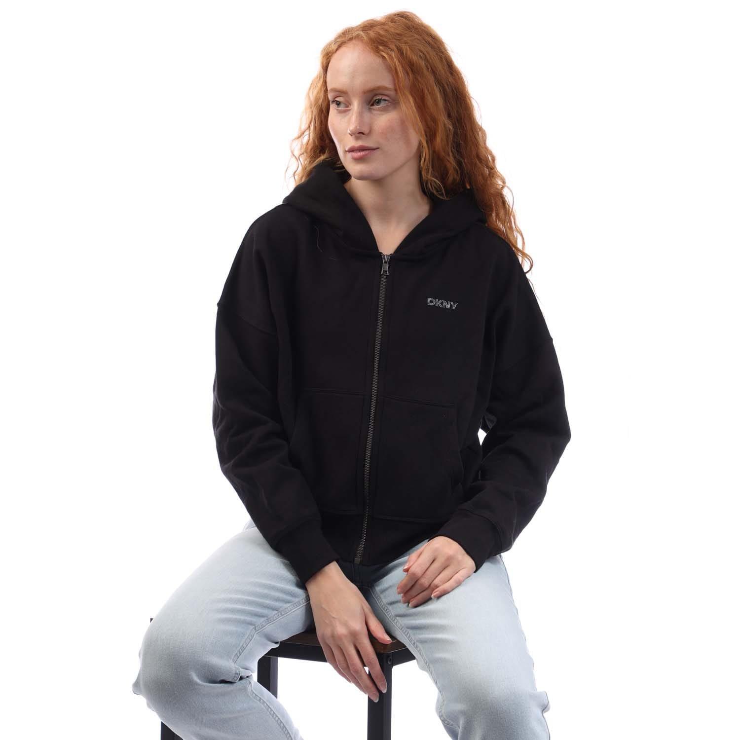 Black Grey - DKNY - Mixed Rhinestone Stud Logo Full Zip Hoodie - 4