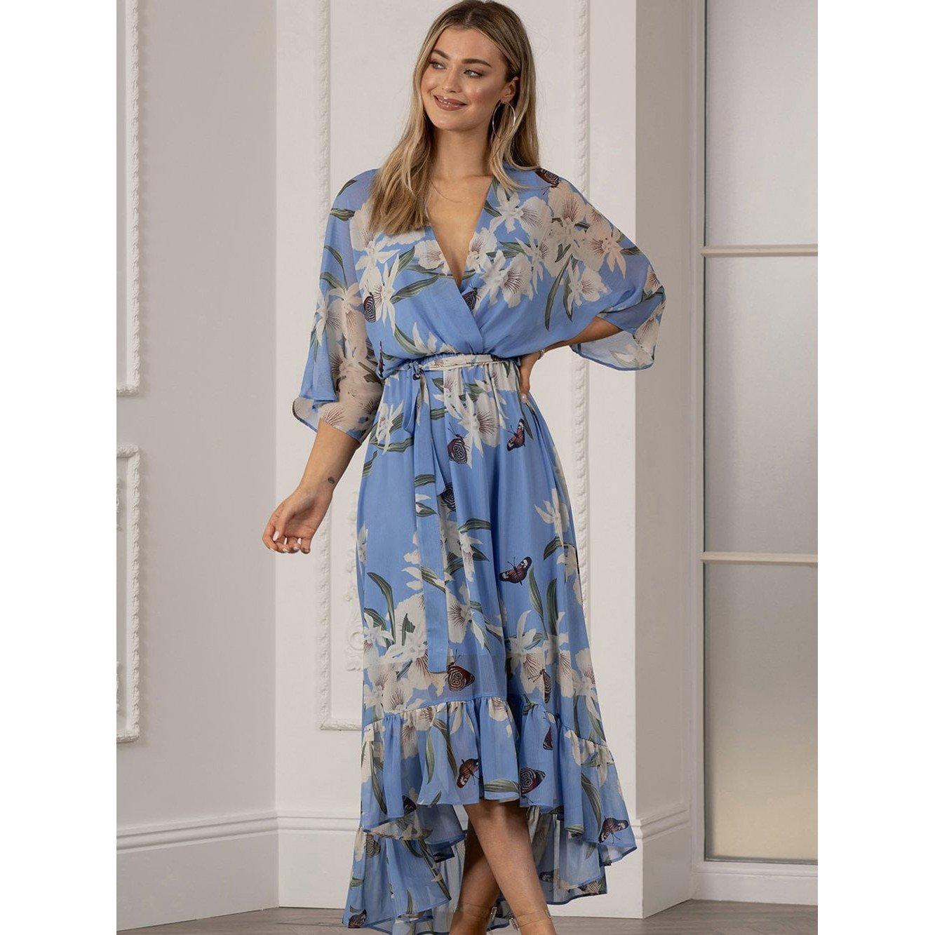 Light Blue - Yumi - Urban Light Blue Floral Wrap Dress - 3