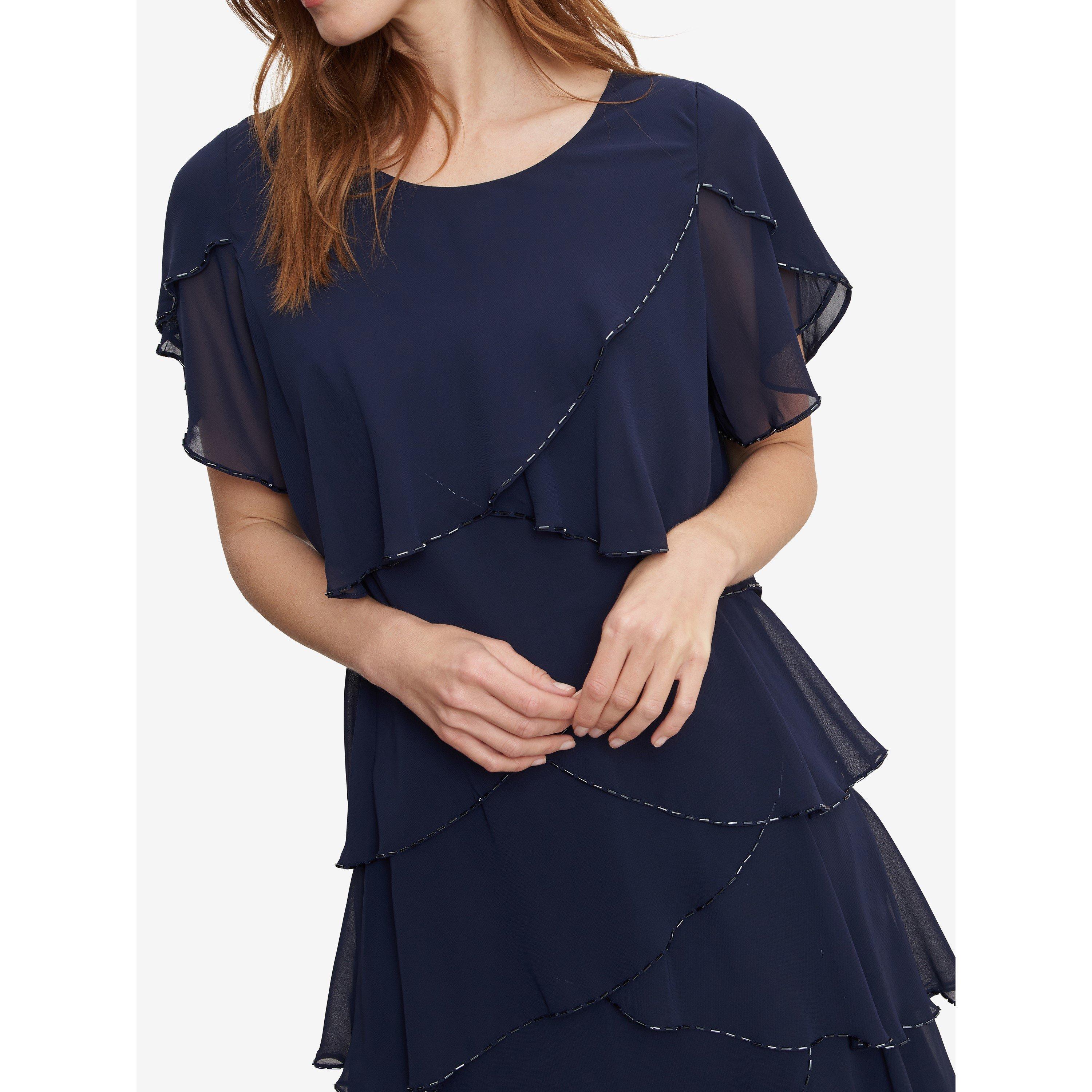 Spring Navy - Gina Bacconi - Trysta Bugle Trim Tiered Cocktail Dress - 5
