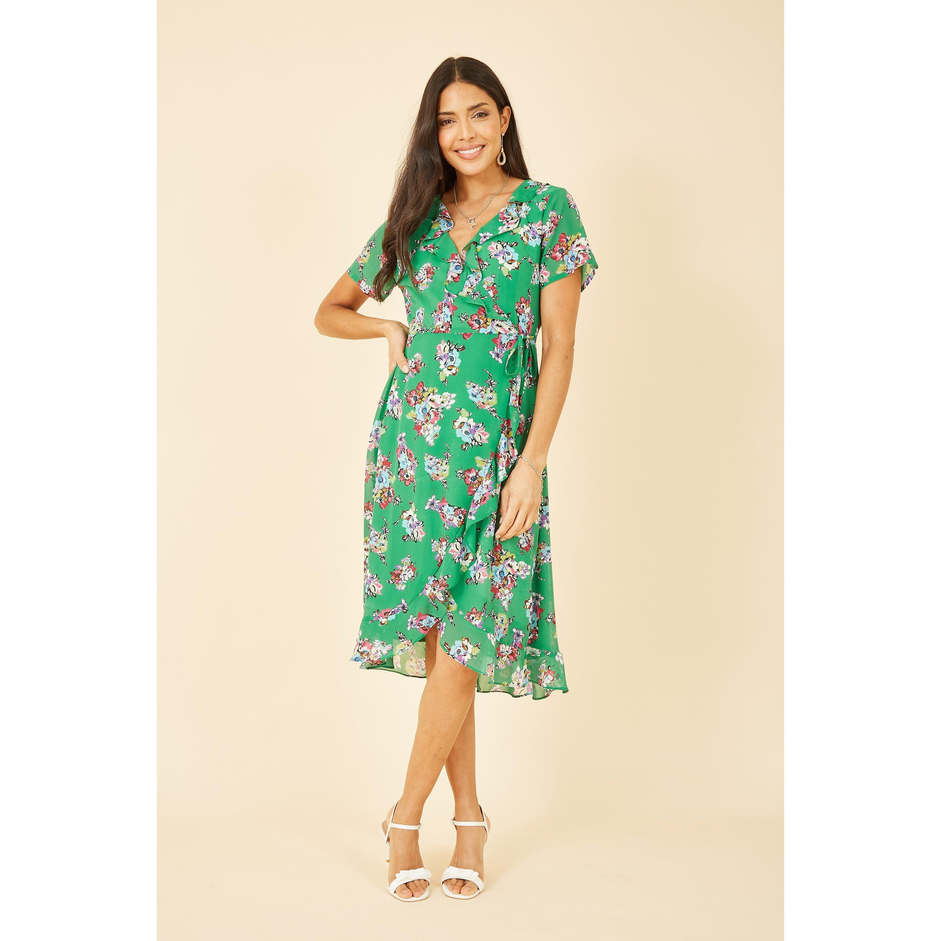 Green - Yumi - Green Floral Frill Wrap Midi Dress - 2