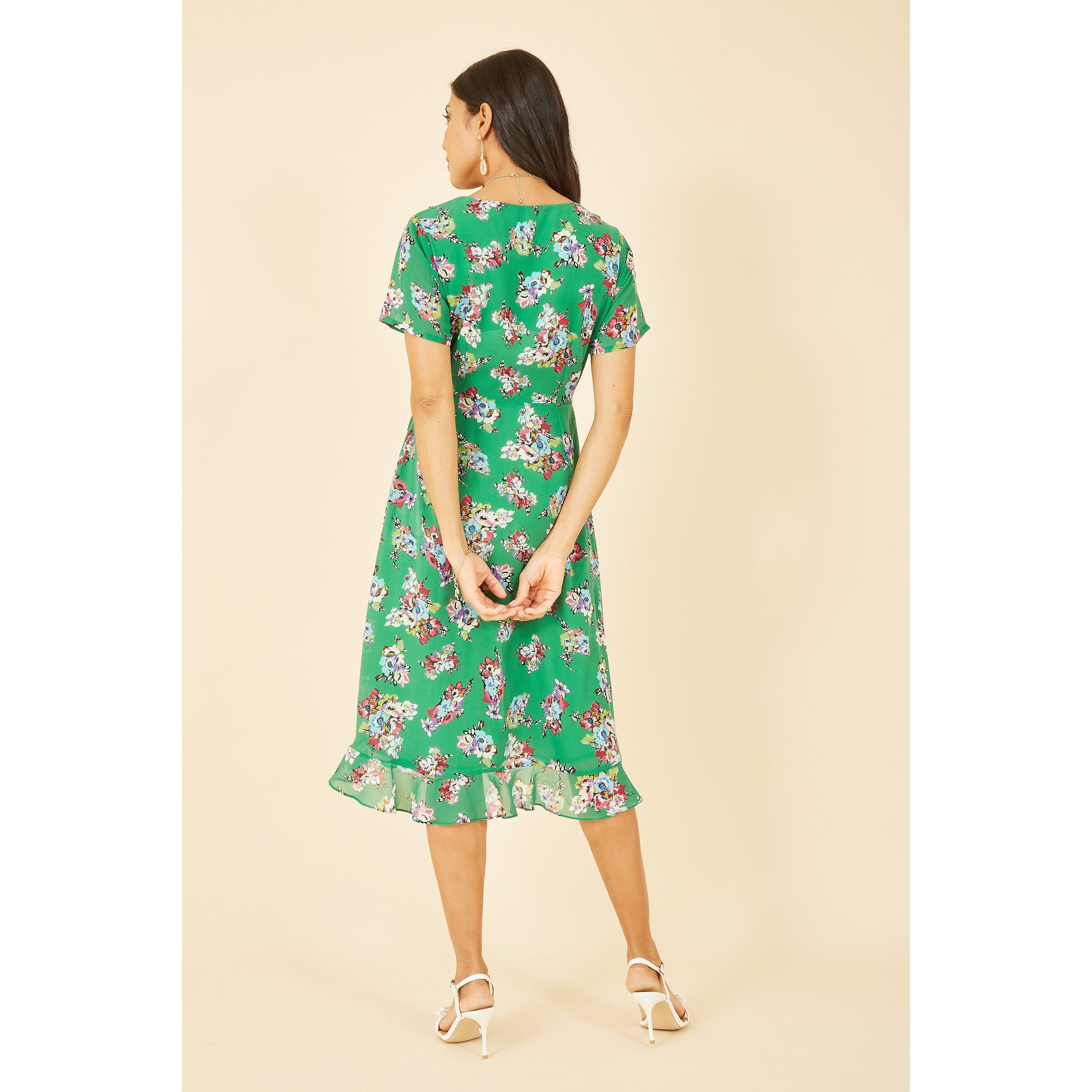 Green - Yumi - Green Floral Frill Wrap Midi Dress - 3