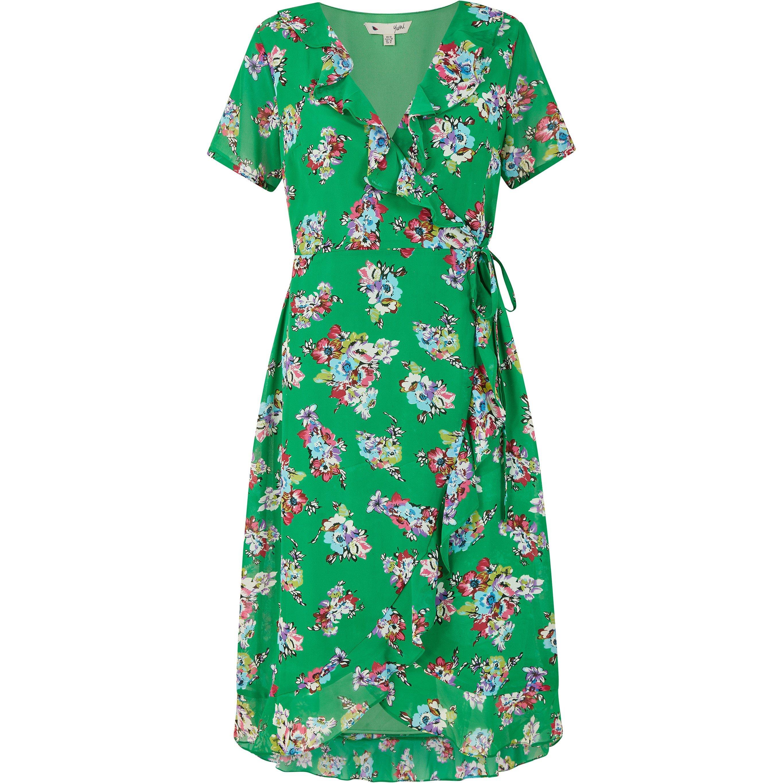 Green - Yumi - Green Floral Frill Wrap Midi Dress - 4