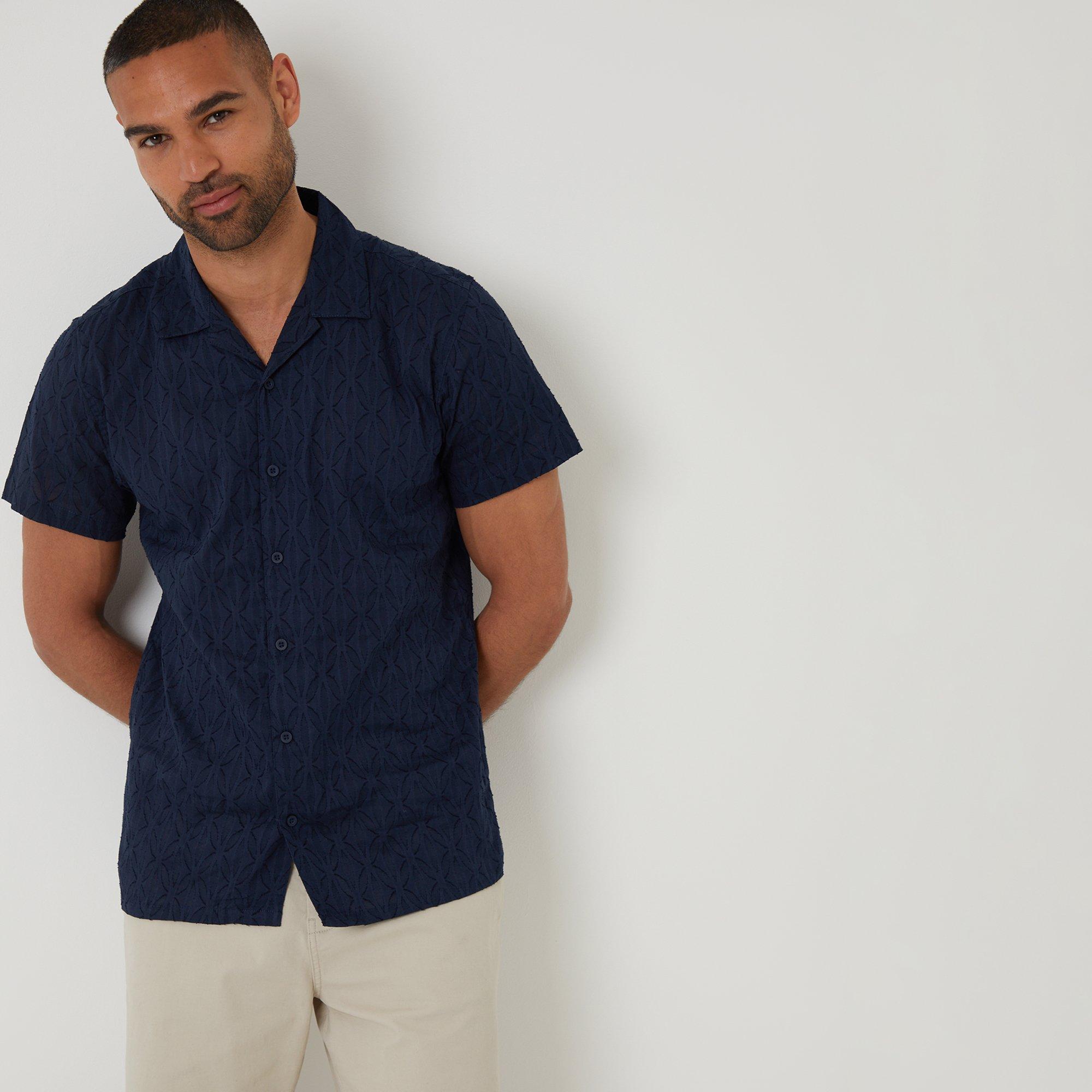 Threadbare Men's Cotton Pluck Textured Short Sleeve Shirt - Navy - M