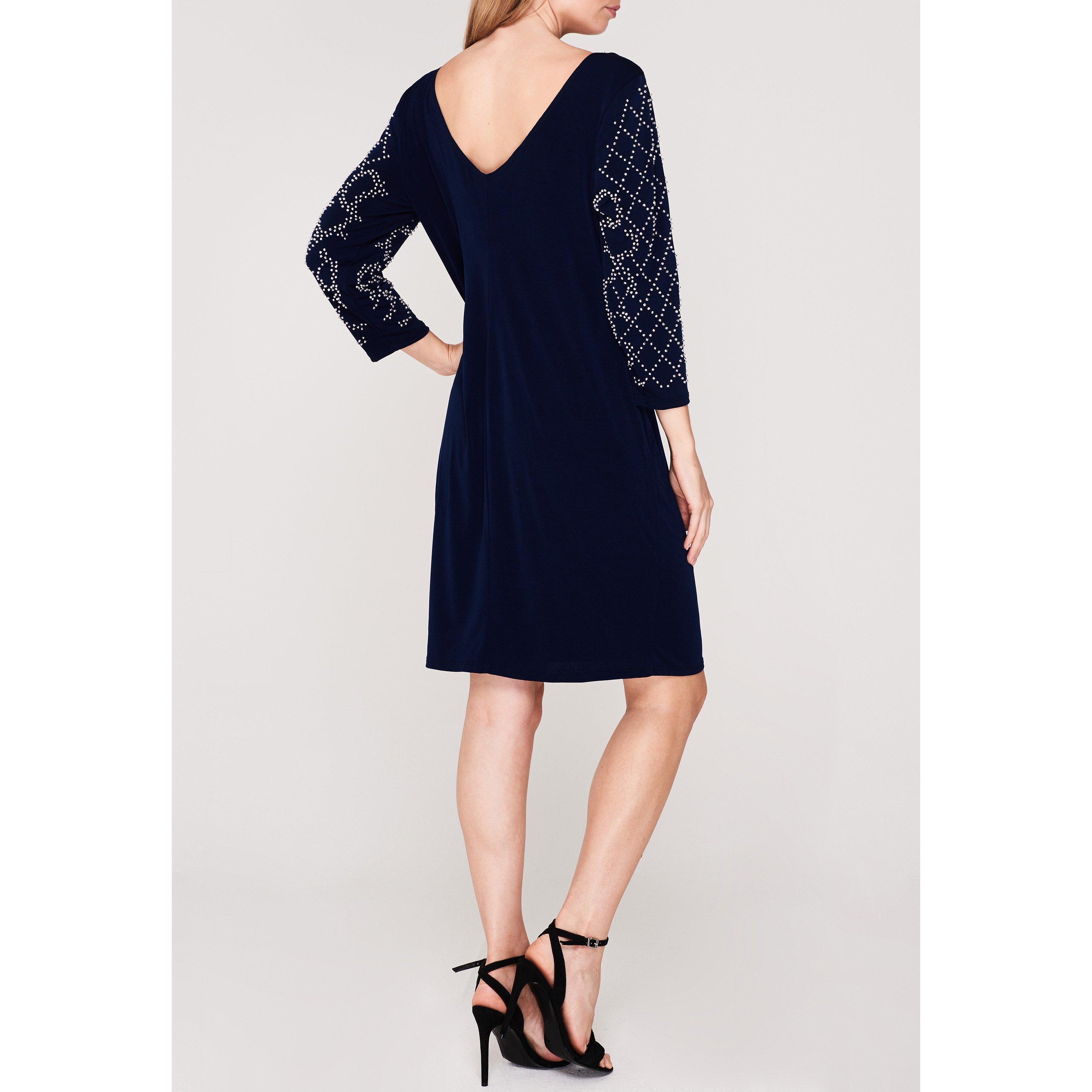 Navy - Marina - Long sleeve V neck shift dress - 3