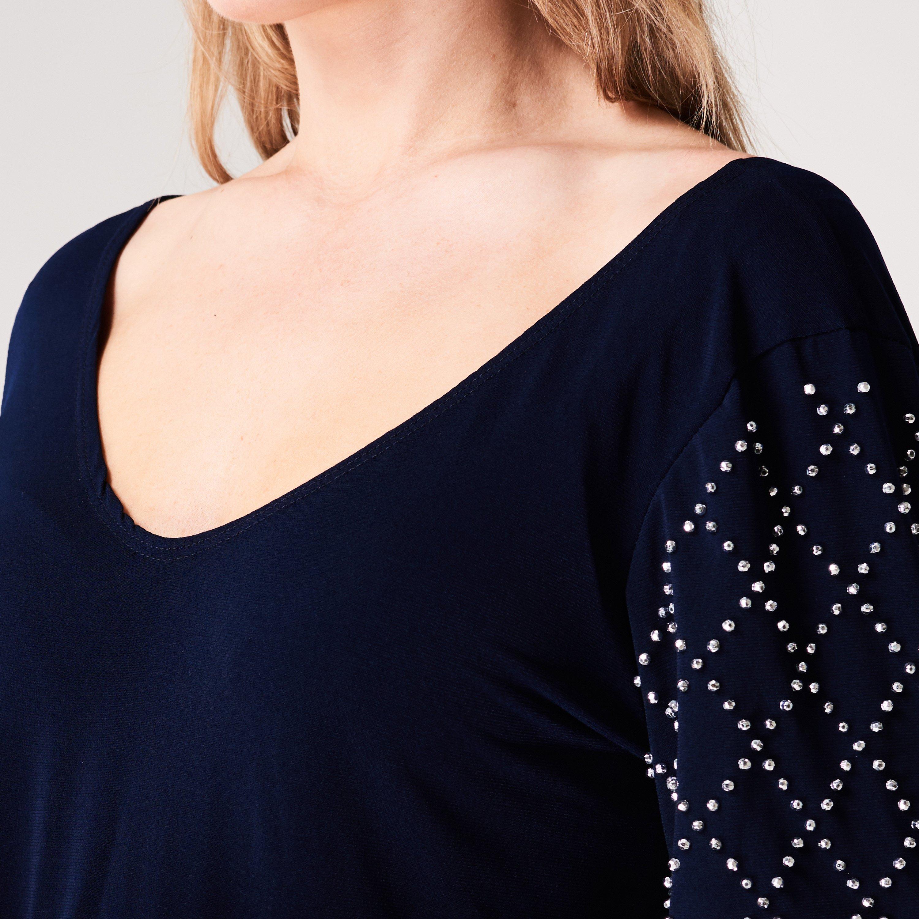 Navy - Marina - Long sleeve V neck shift dress - 4