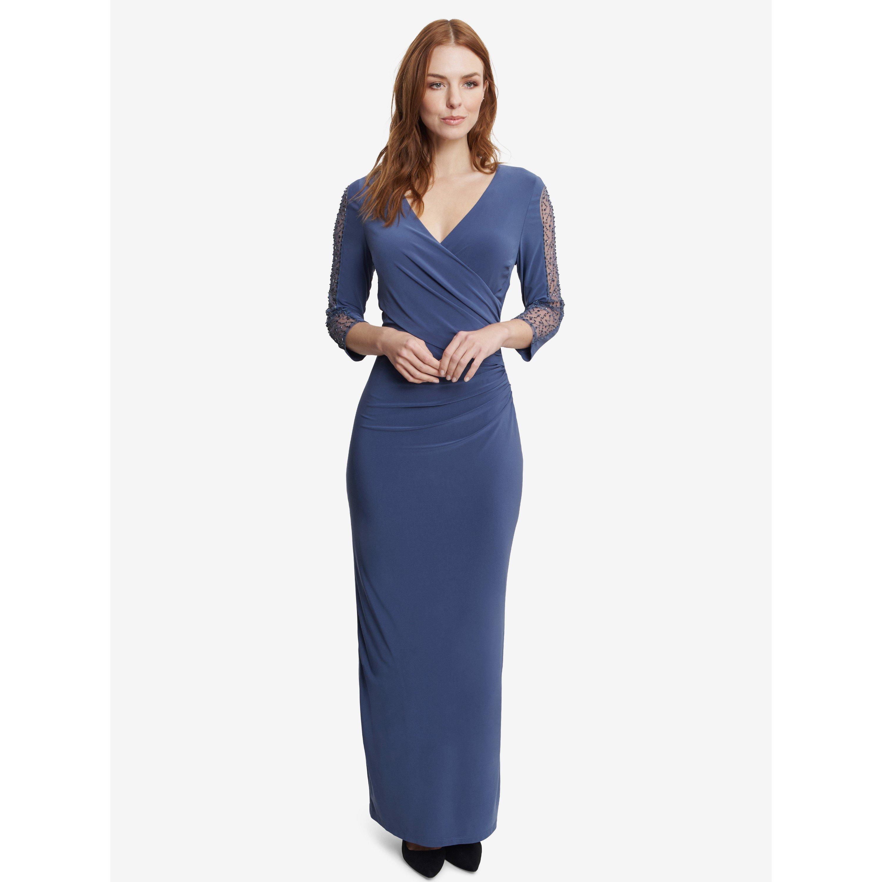 Gina Bacconi Women's Gretchen Long Surplice Neckline Dress With Rusched Waist And Beaded Sleeves. - Wedgewood - 16