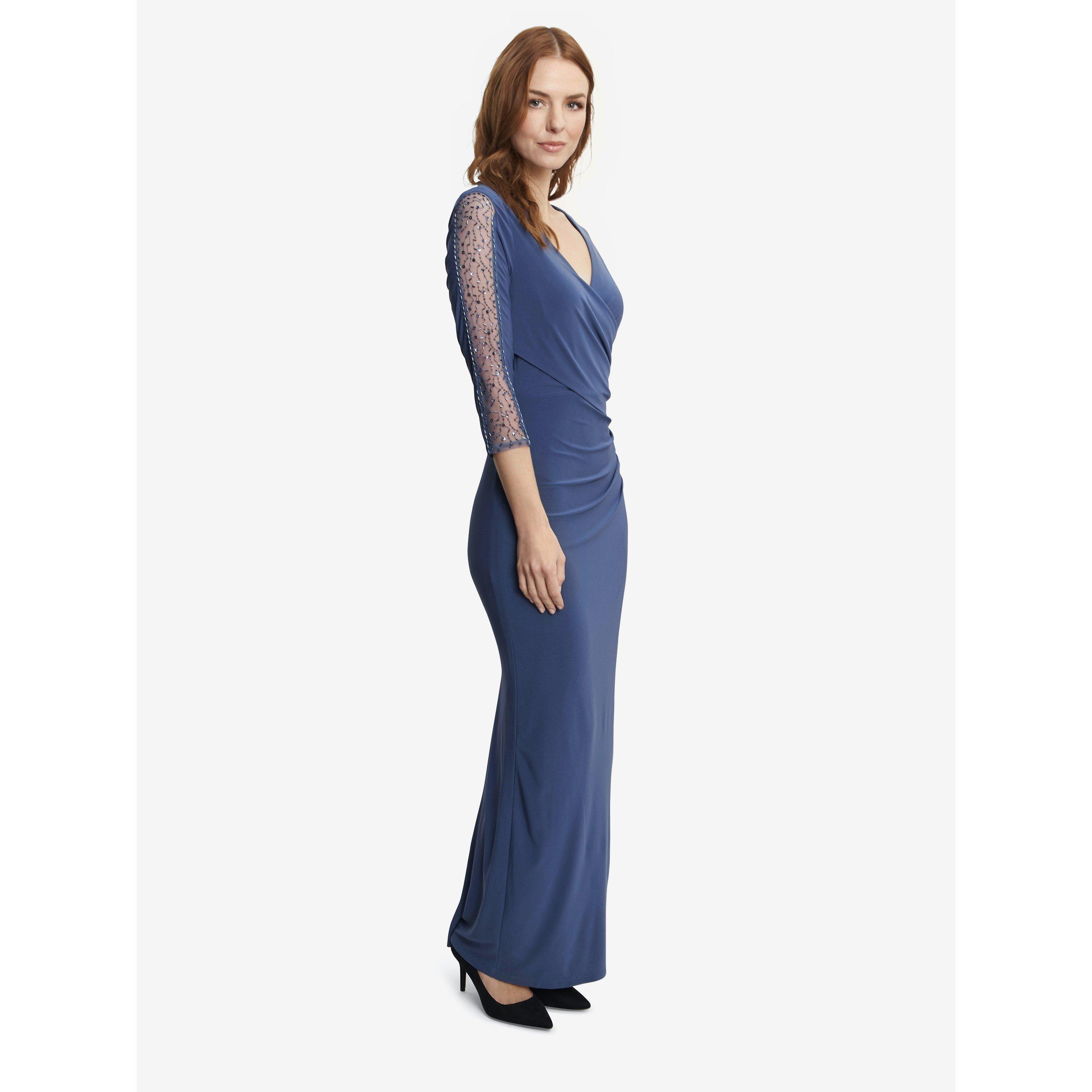 Wedgewood - Gina Bacconi - Gretchen Long Surplice Neckline Dress With Rusched Waist And Beaded Sleeves. - 3
