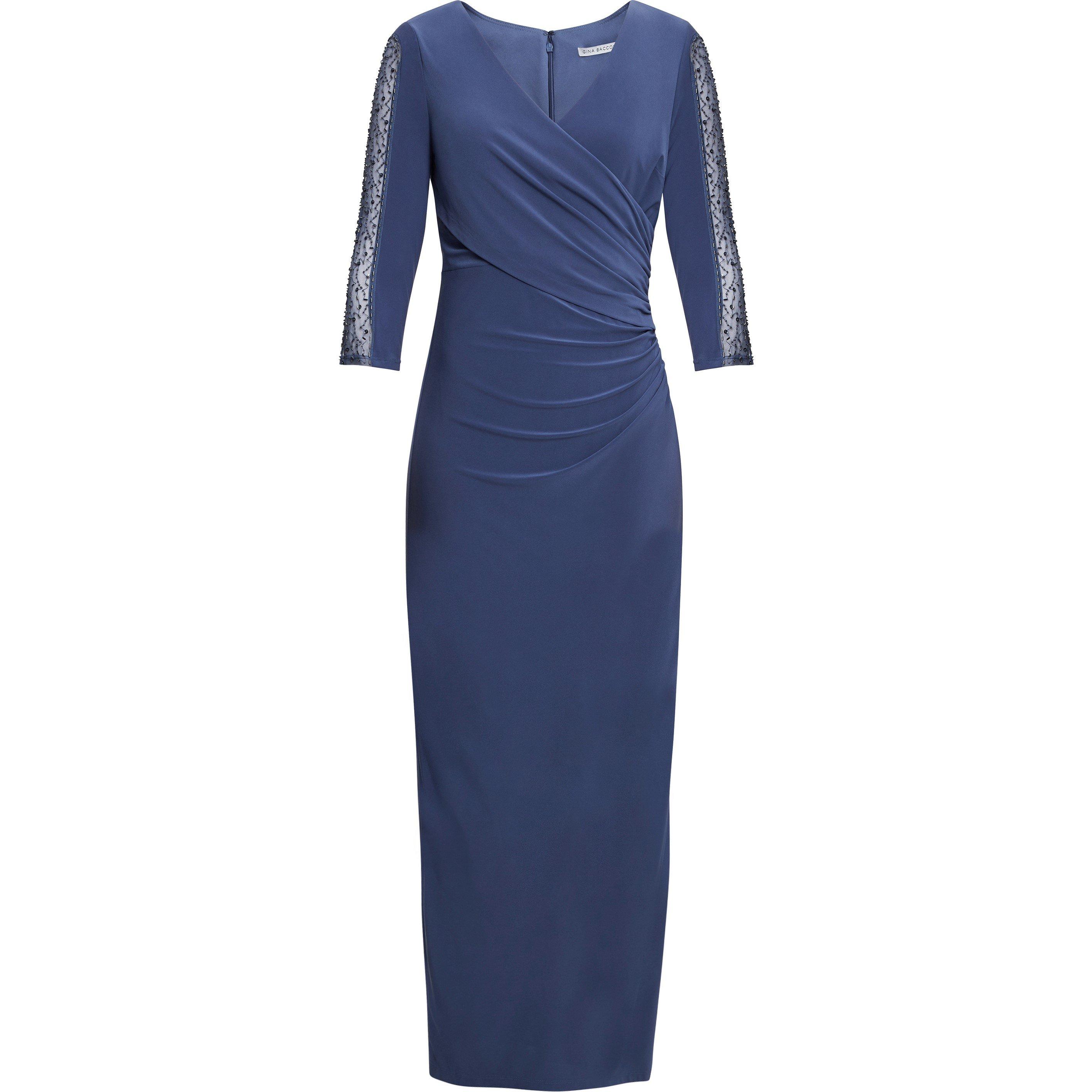 Wedgewood - Gina Bacconi - Gretchen Long Surplice Neckline Dress With Rusched Waist And Beaded Sleeves. - 4