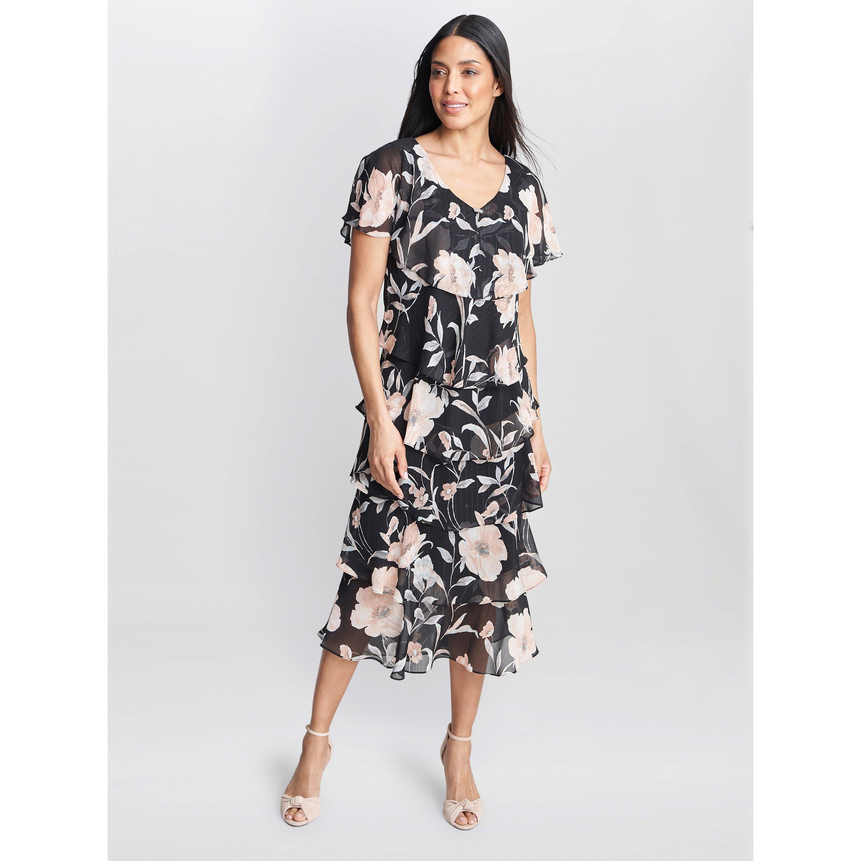 Black / Multi - Gina Bacconi - Frances Printed Midi Tiered Dress - 6