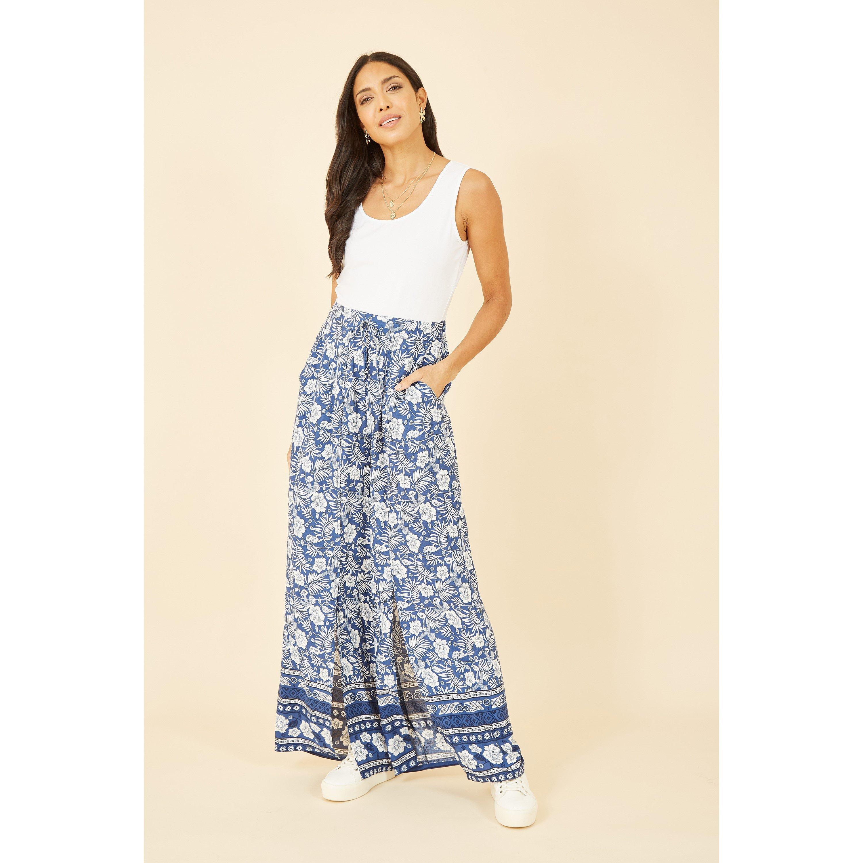 Blue - Yumi - Blue Floral Border Relaxed Fit Trousers - 1