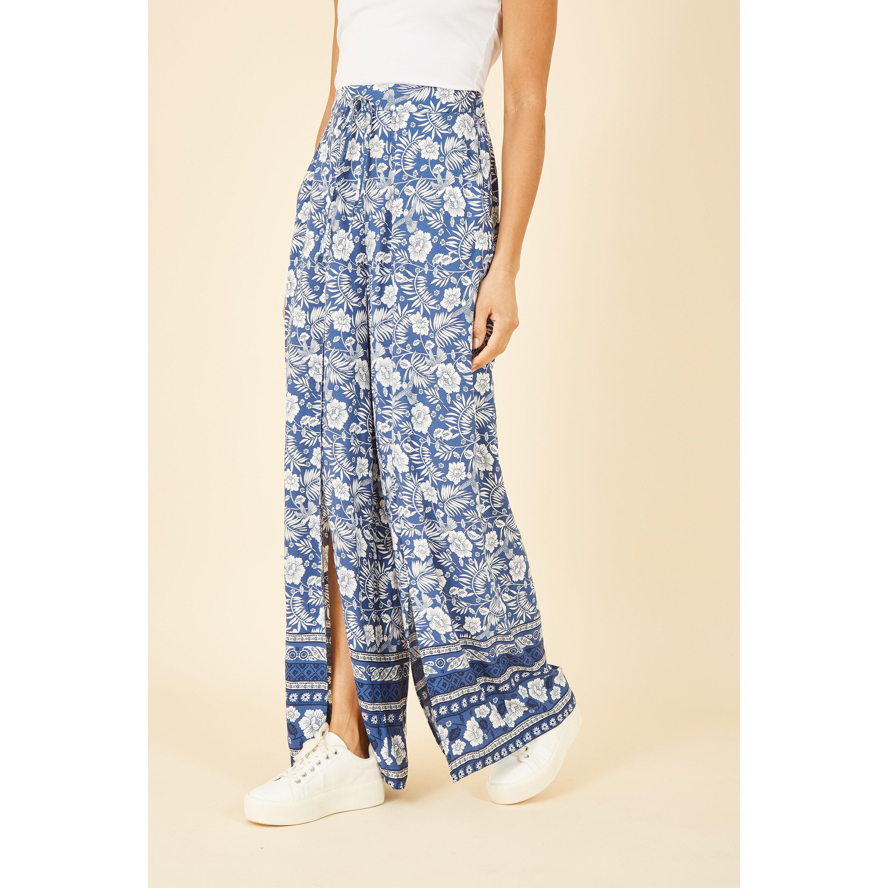 Blue - Yumi - Blue Floral Border Relaxed Fit Trousers - 2