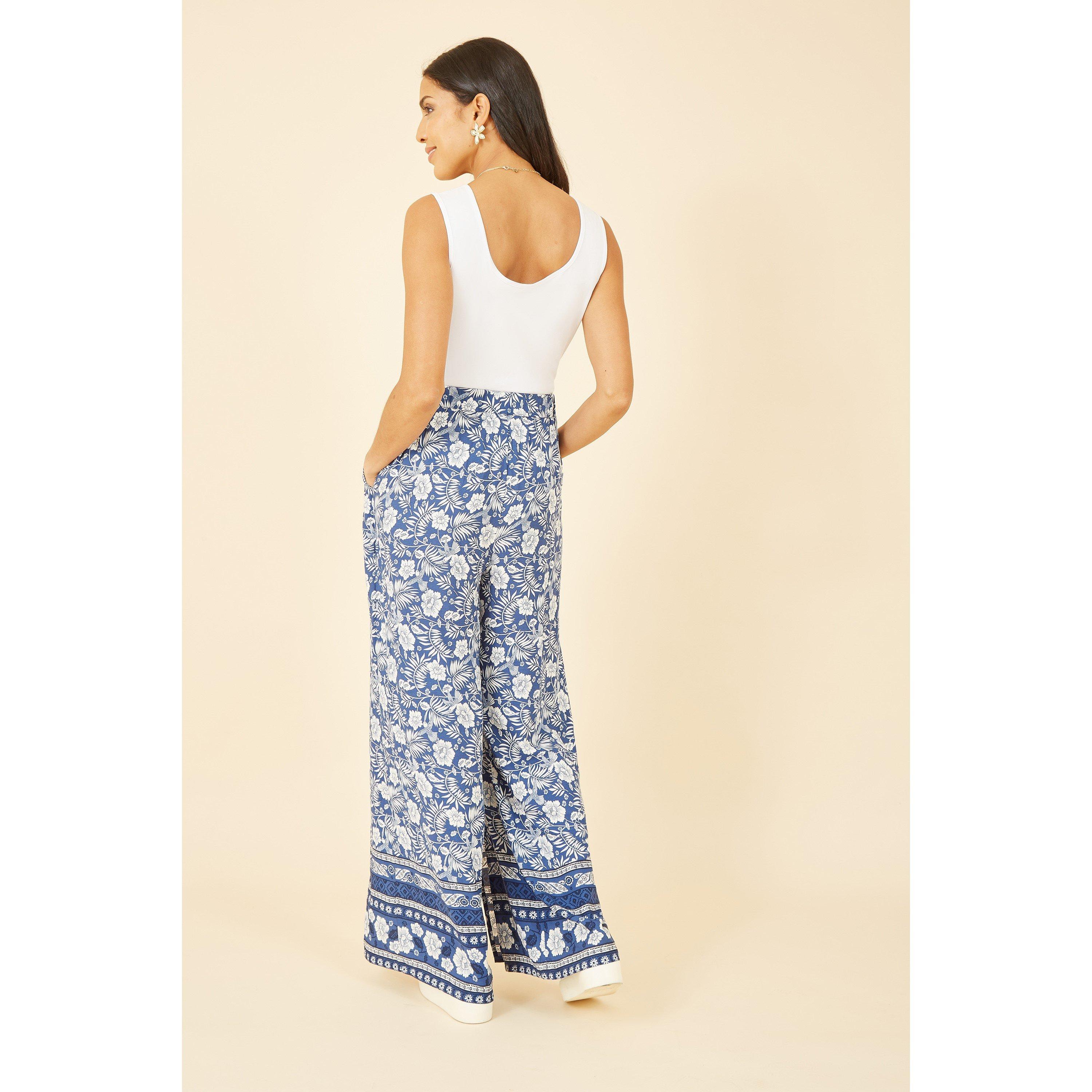 Blue - Yumi - Blue Floral Border Relaxed Fit Trousers - 3