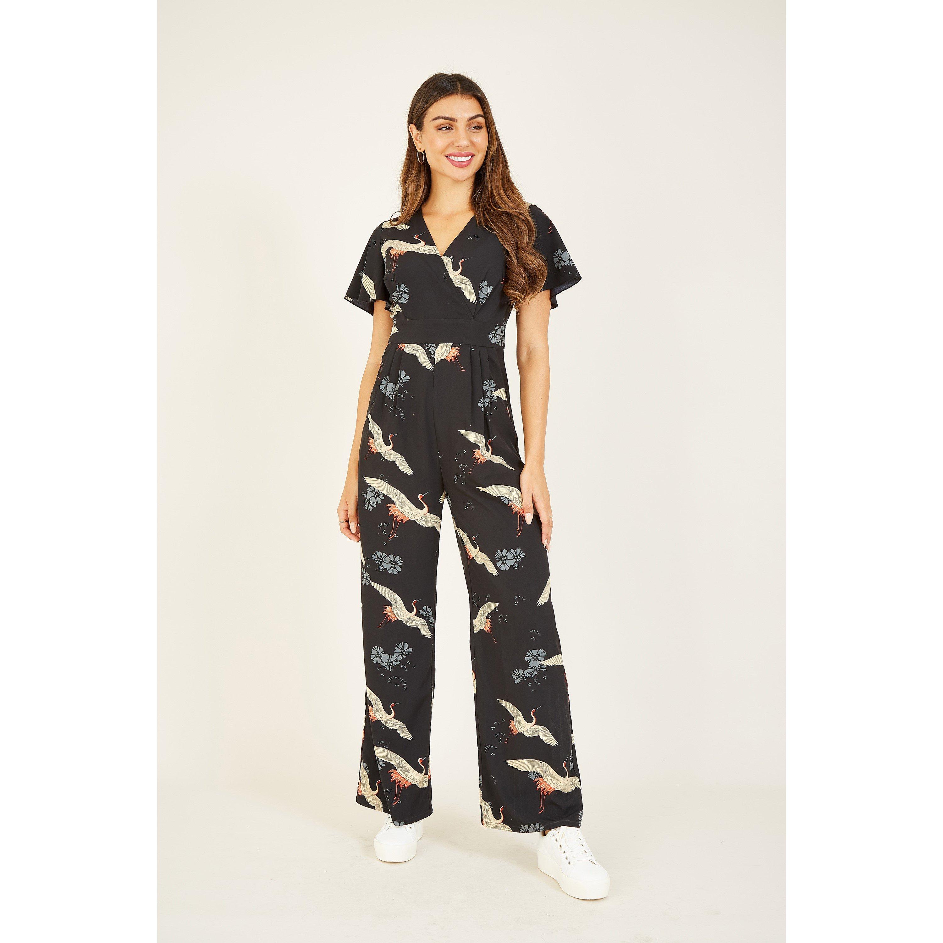 Yumi Women's Crane Print Jumpsuit Black - 10