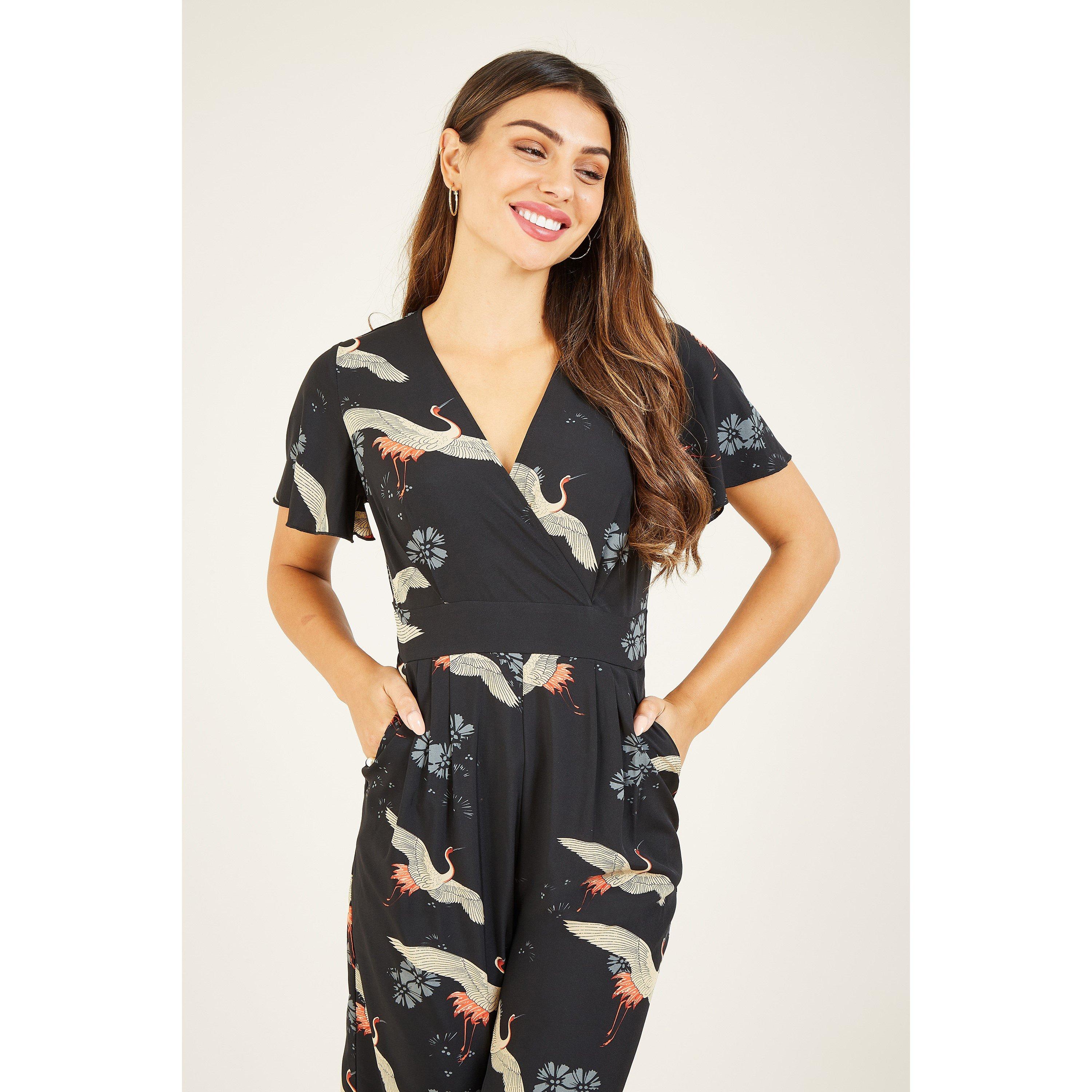 Black - Yumi - Black Crane Print Jumpsuit - 3