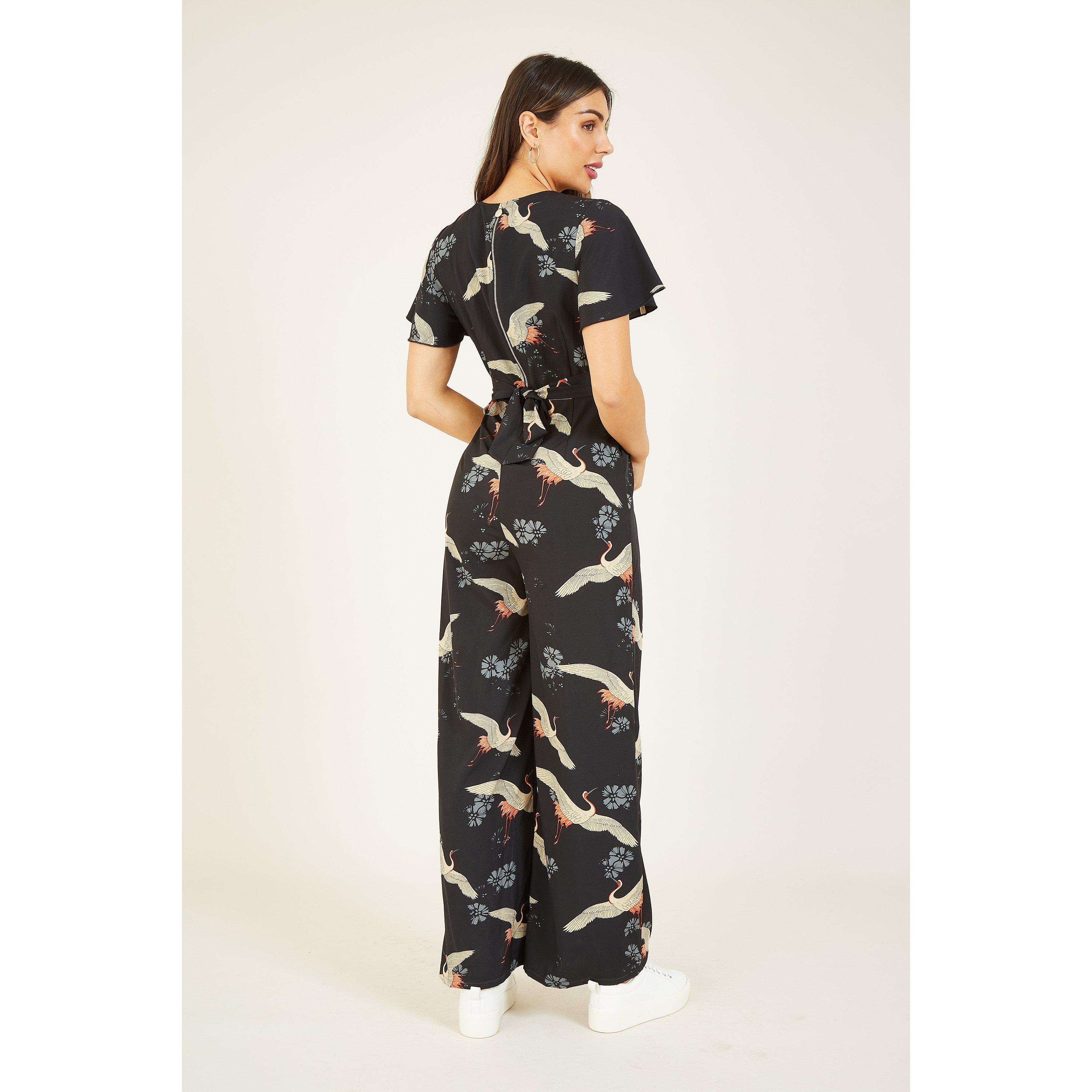 Black - Yumi - Black Crane Print Jumpsuit - 4