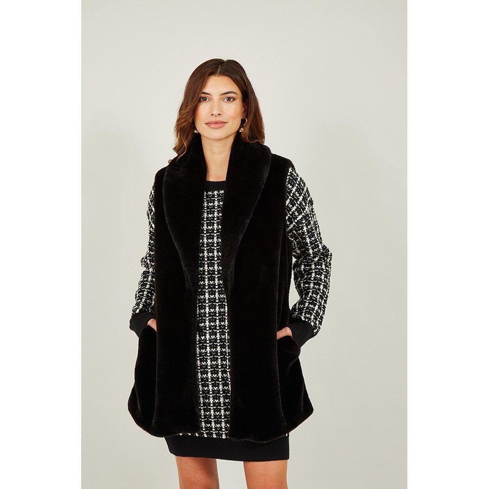 Black - Yumi - Women's Black Faux Fur Long Gilet - 3