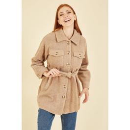 Yumi Beige Button Down Shacket With Tie Belt