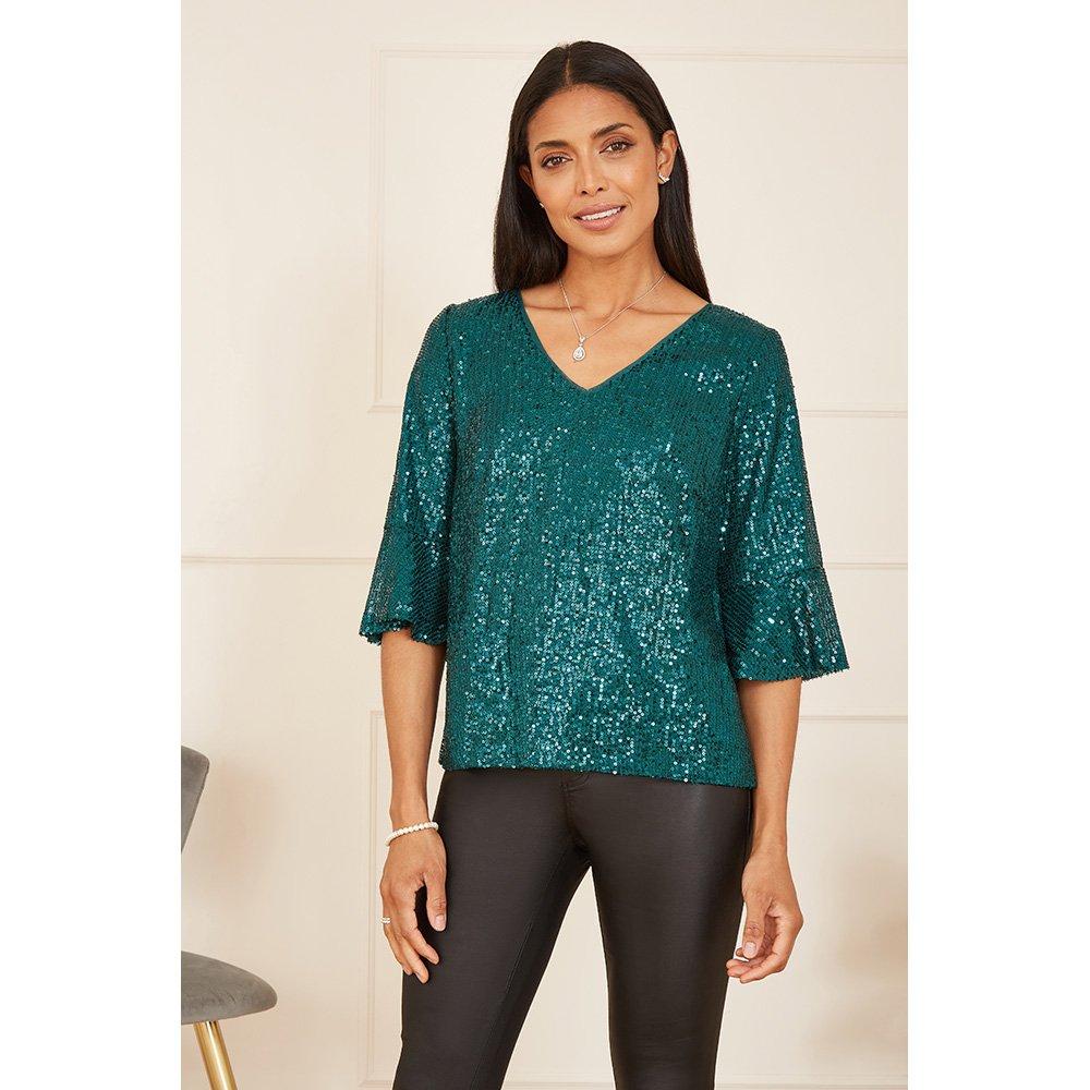 Green - Yumi - Green Sequin Top With Fluted Sleeve - 1