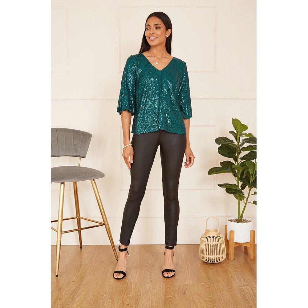 Green - Yumi - Green Sequin Top With Fluted Sleeve - 2
