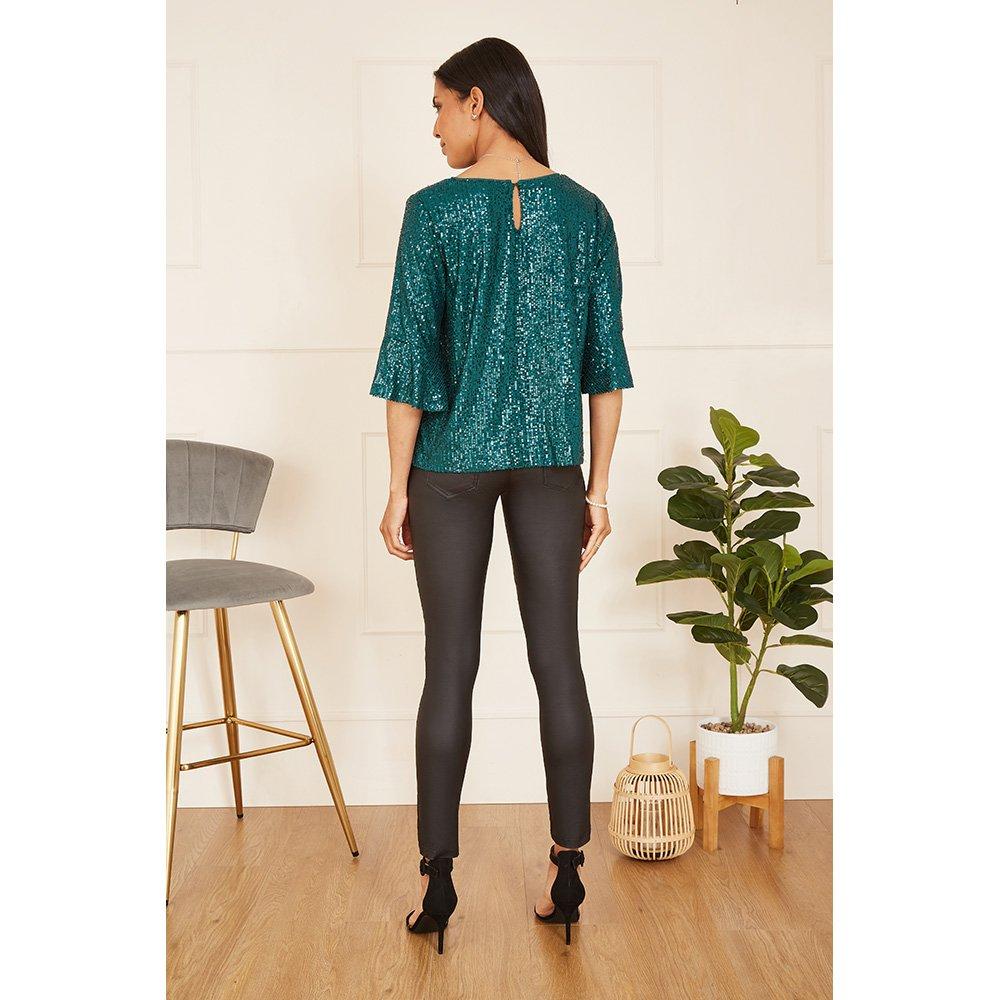 Green - Yumi - Green Sequin Top With Fluted Sleeve - 4