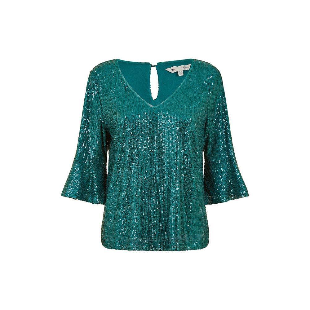 Green - Yumi - Green Sequin Top With Fluted Sleeve - 5