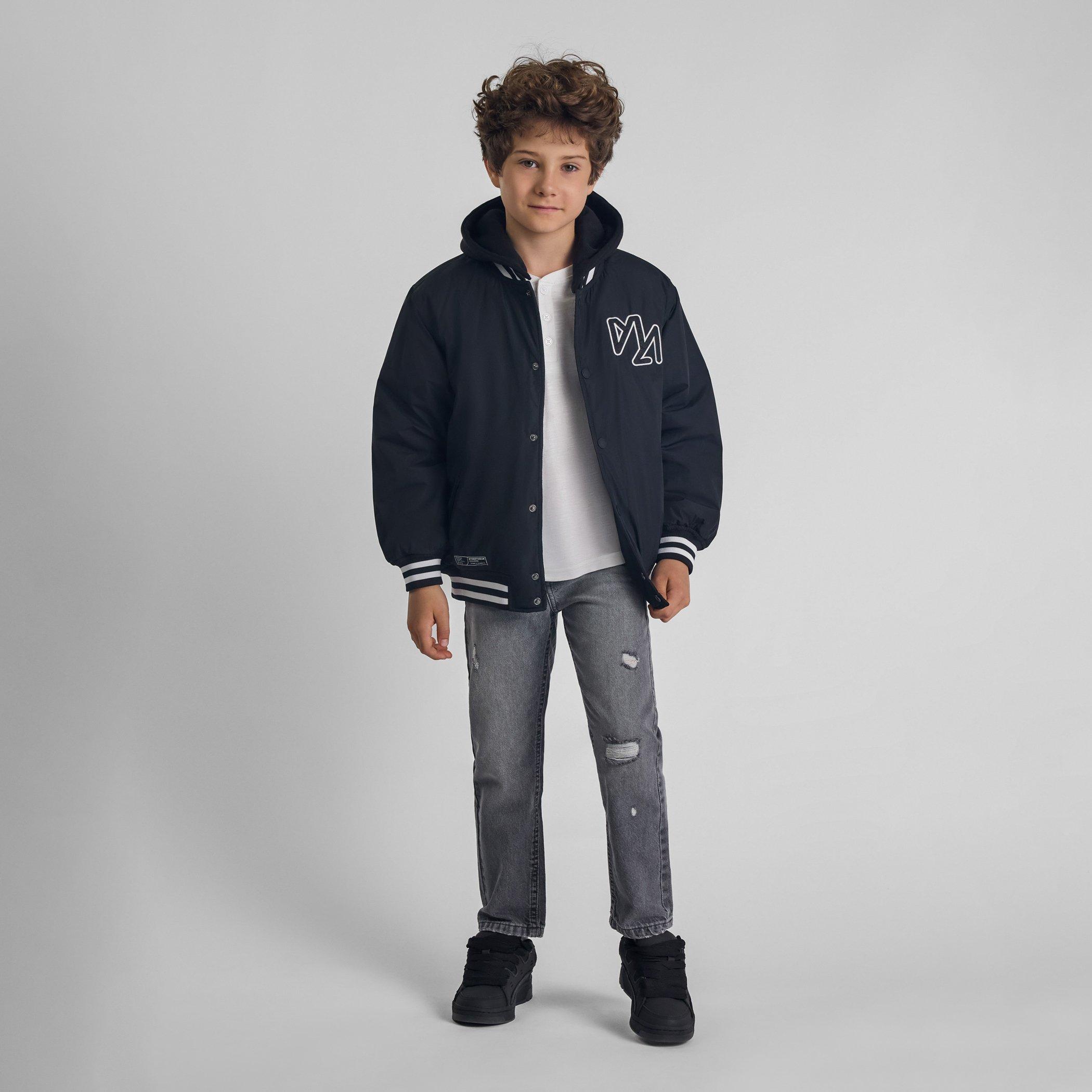 Black - Minoti - Boys baseball style jacket detachable hood black - 2