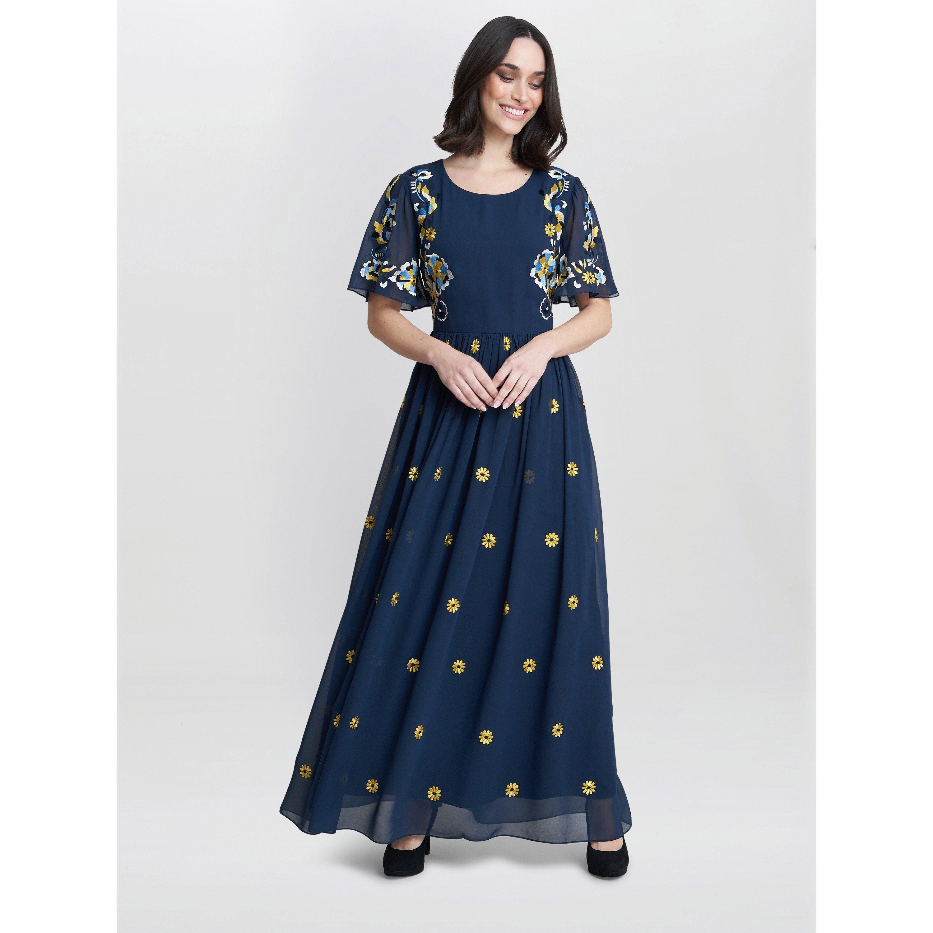 Navy - Gina Bacconi - Embroidered Dress With Flowers - 3