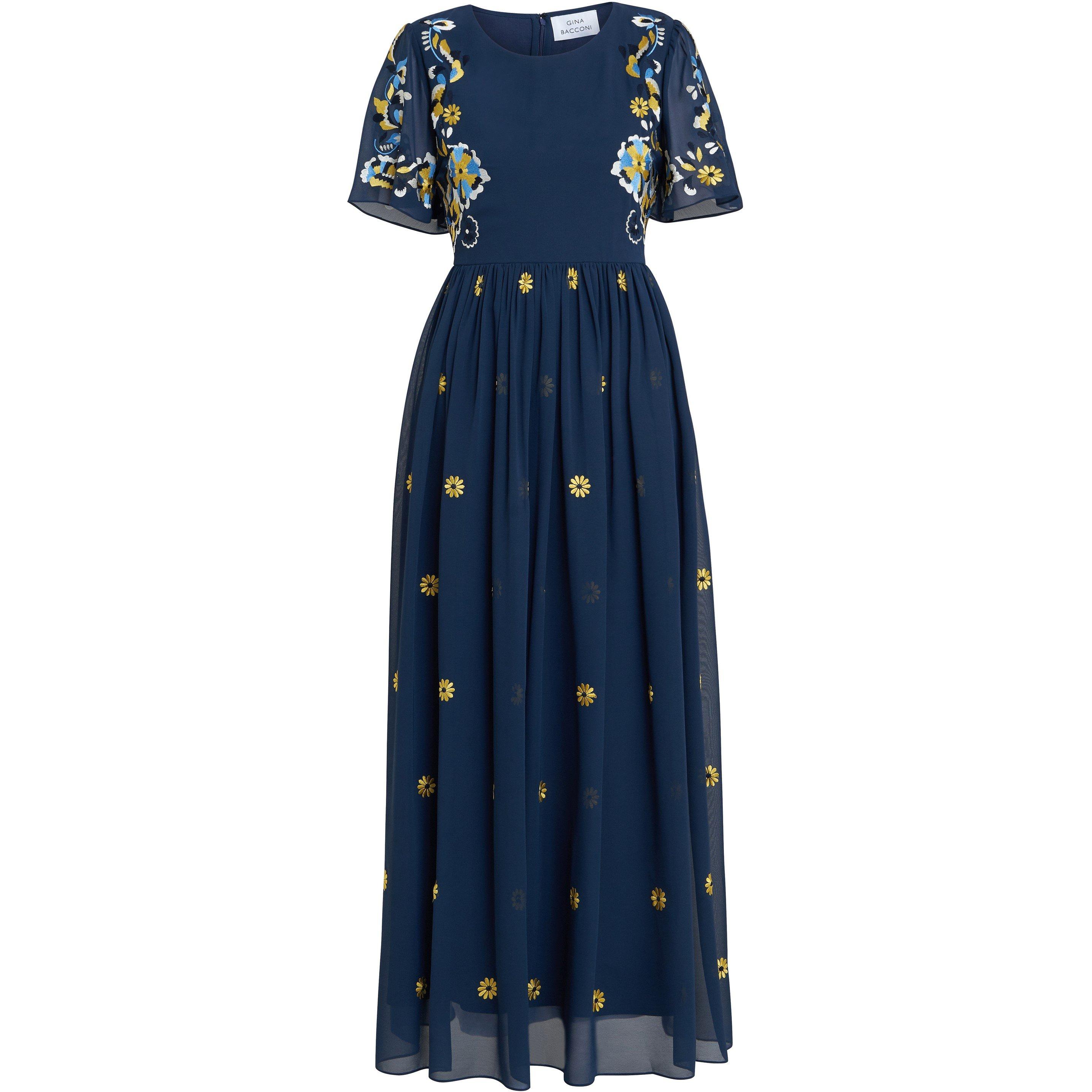 Navy - Gina Bacconi - Embroidered Dress With Flowers - 4