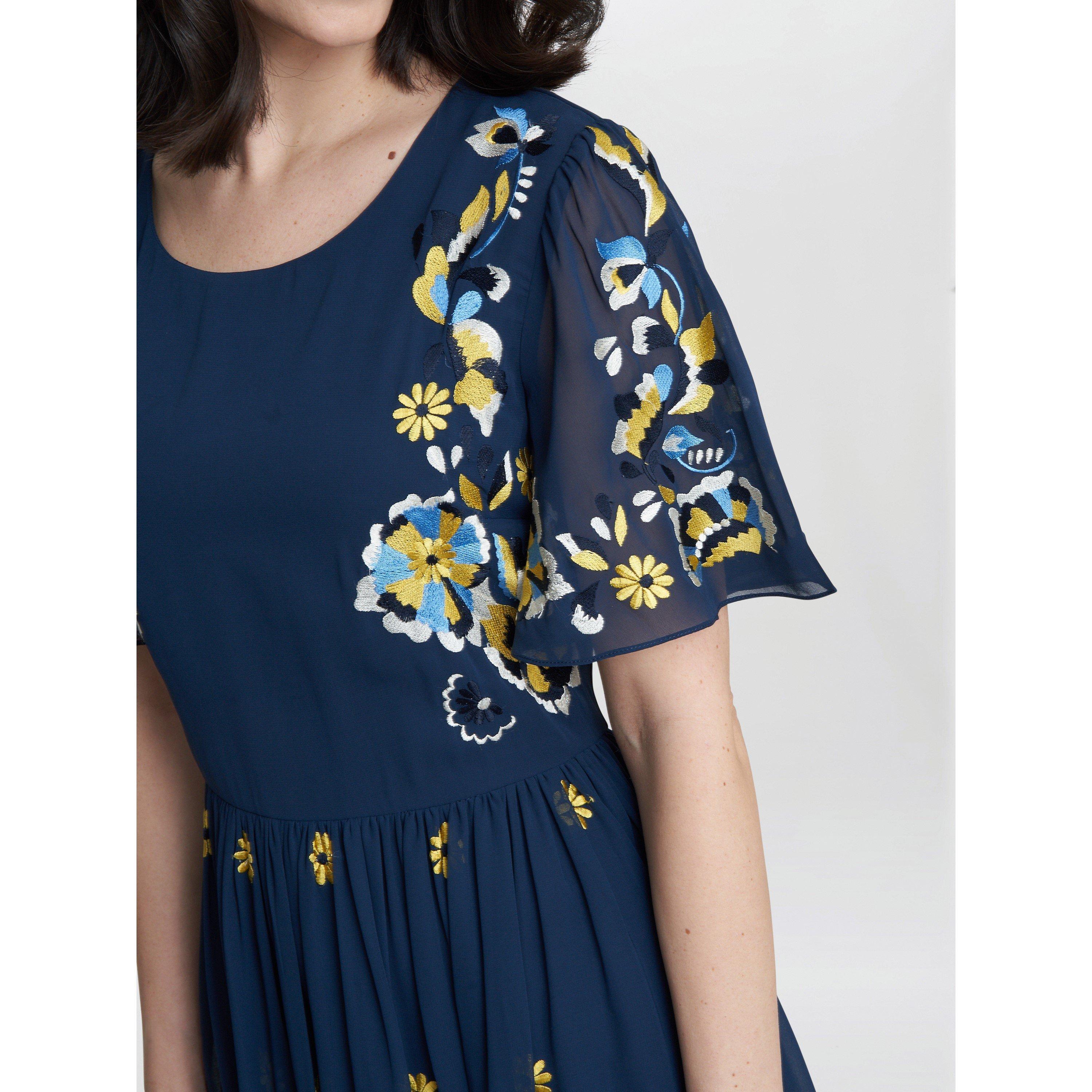 Navy - Gina Bacconi - Embroidered Dress With Flowers - 5