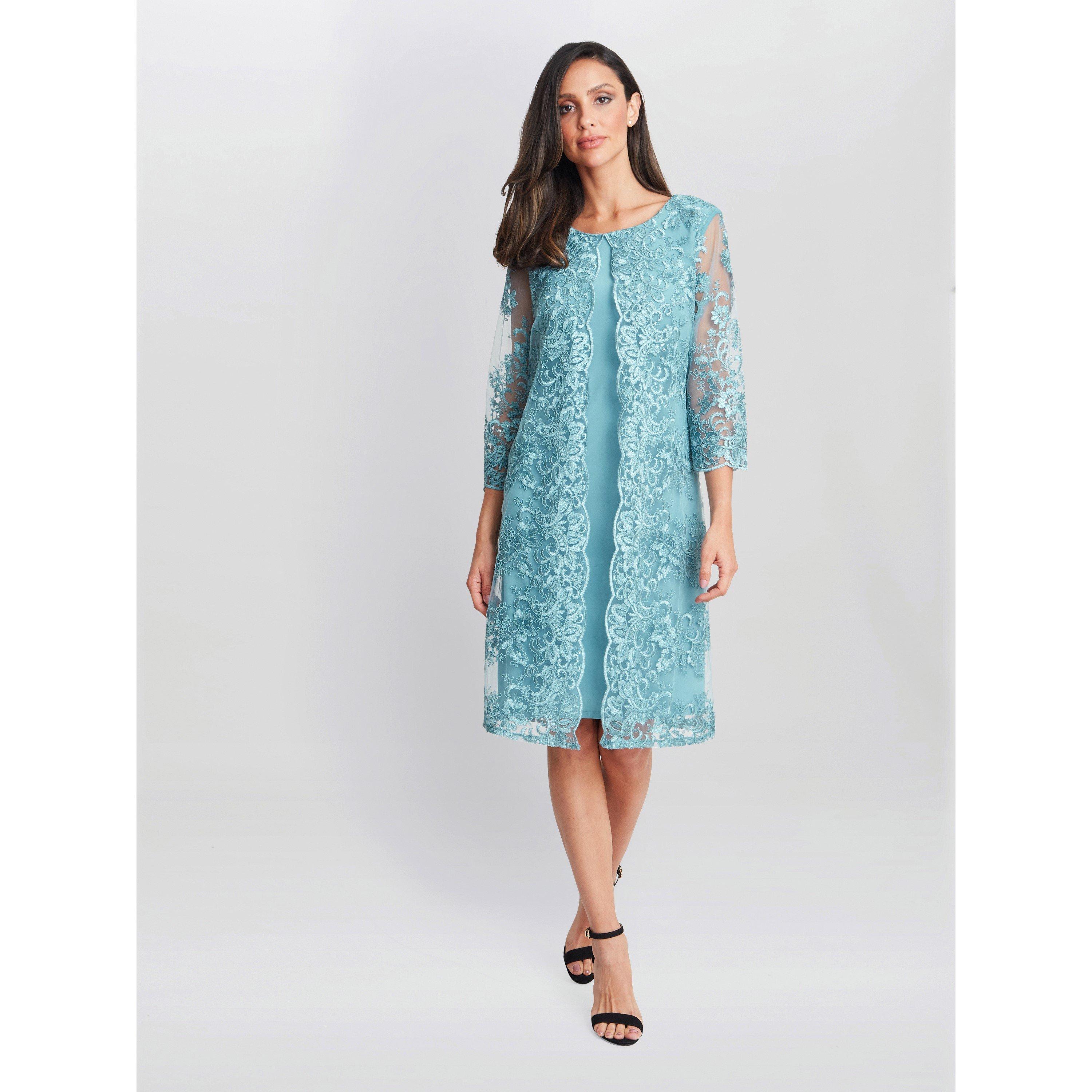 Teal - Gina Bacconi - Jill Embroidered Lace Mock Jacket Dress - 3