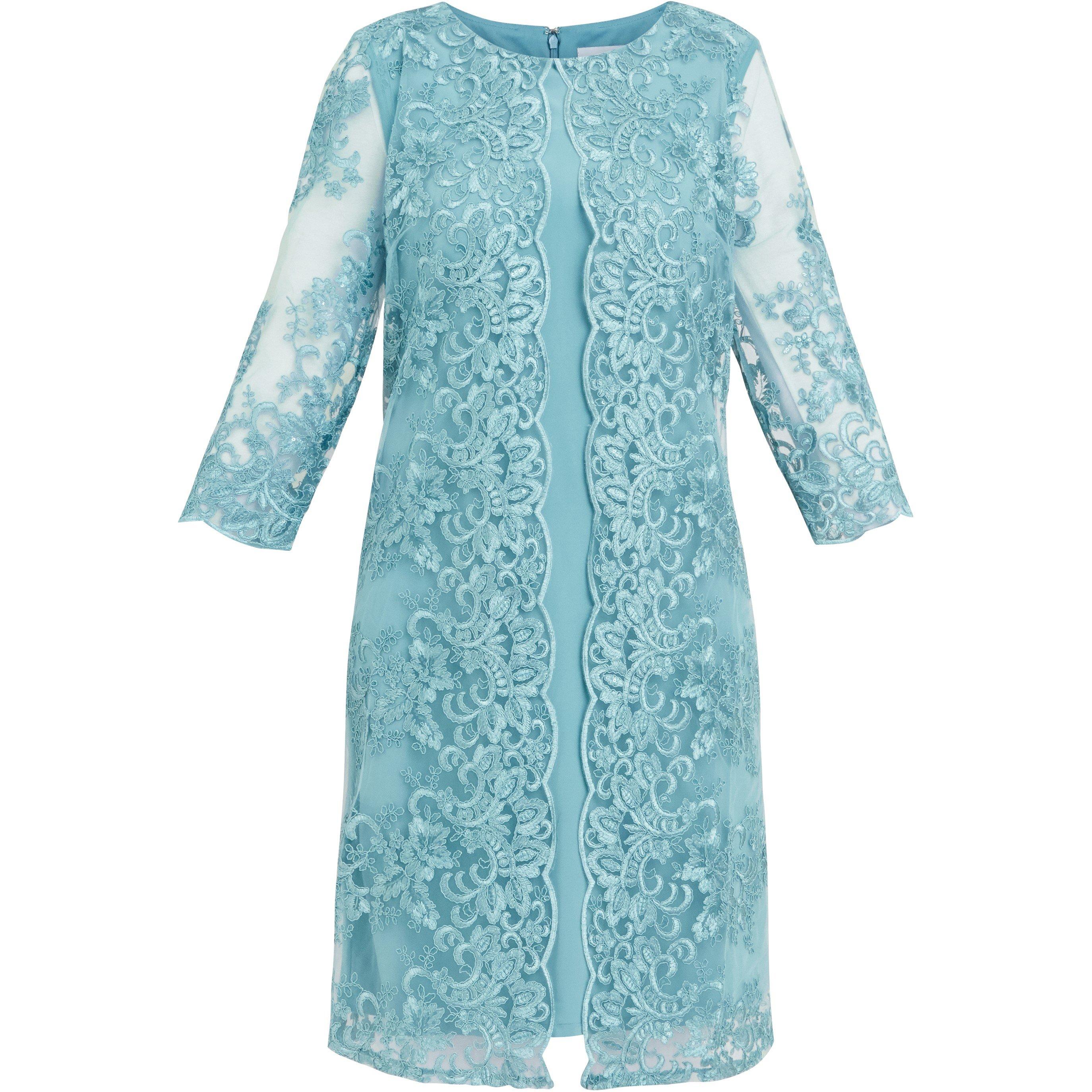 Teal - Gina Bacconi - Jill Embroidered Lace Mock Jacket Dress - 4