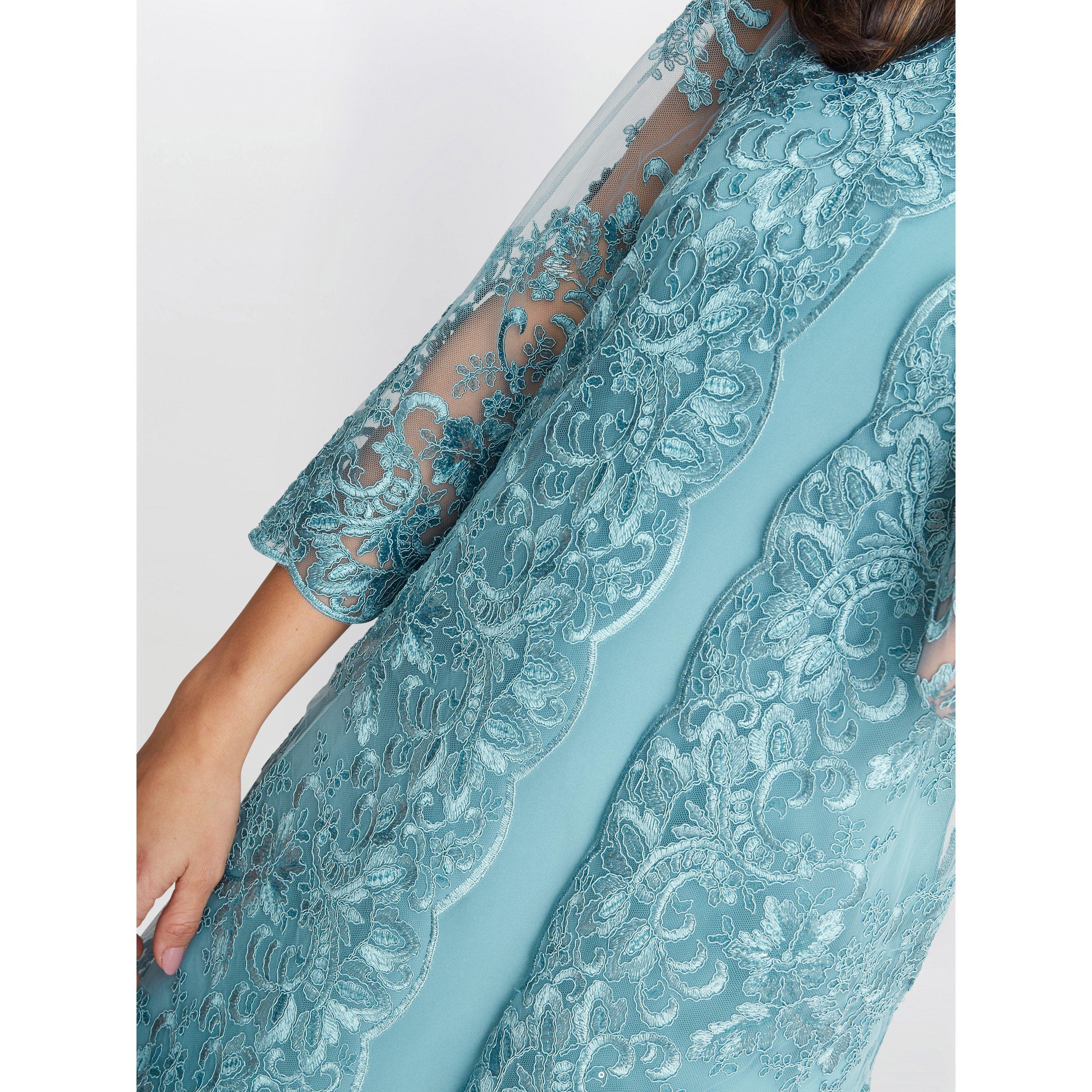 Teal - Gina Bacconi - Jill Embroidered Lace Mock Jacket Dress - 5