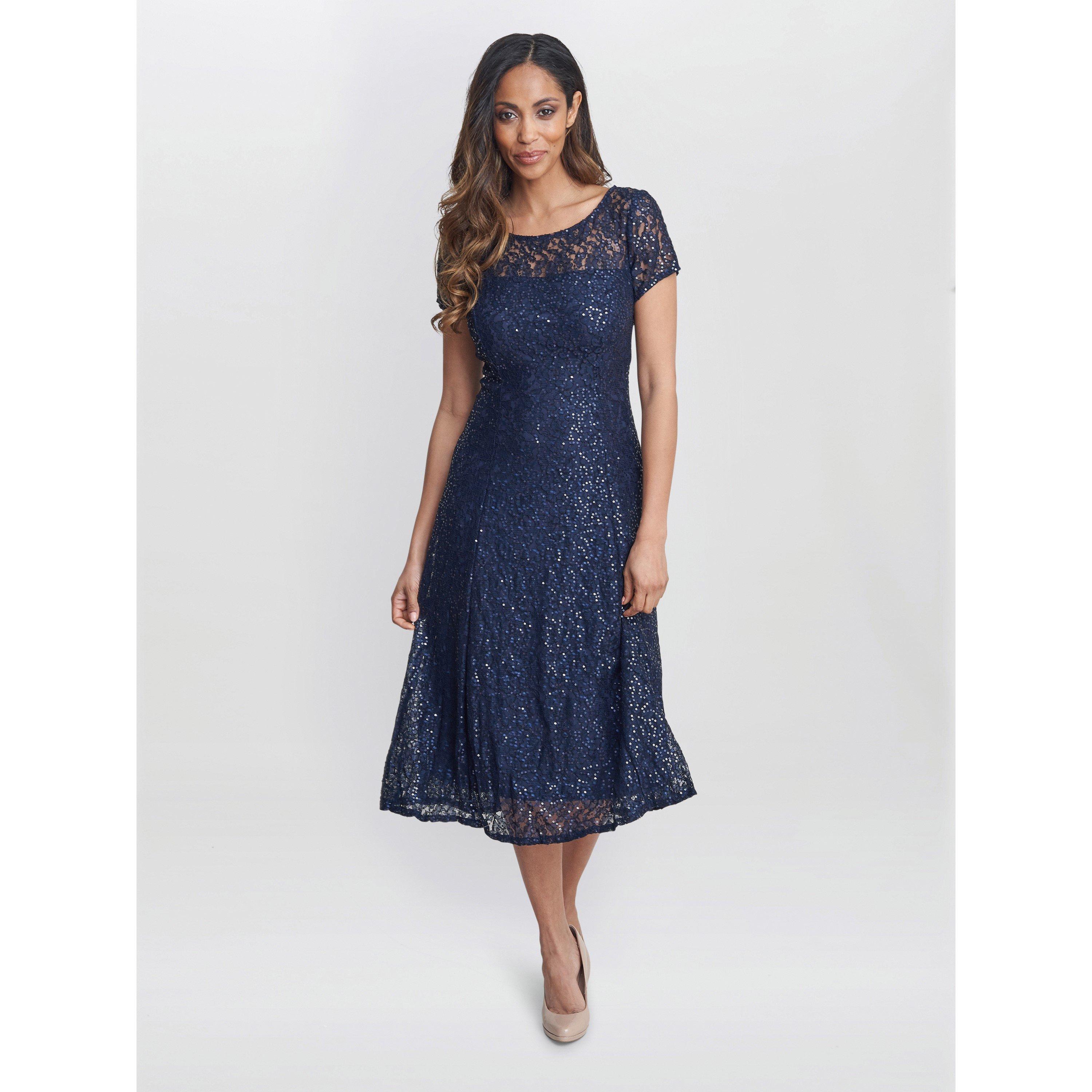 Gina Bacconi Women's Genny Cap Sleeve Midi Sequin Lace Dress - Navy - 18