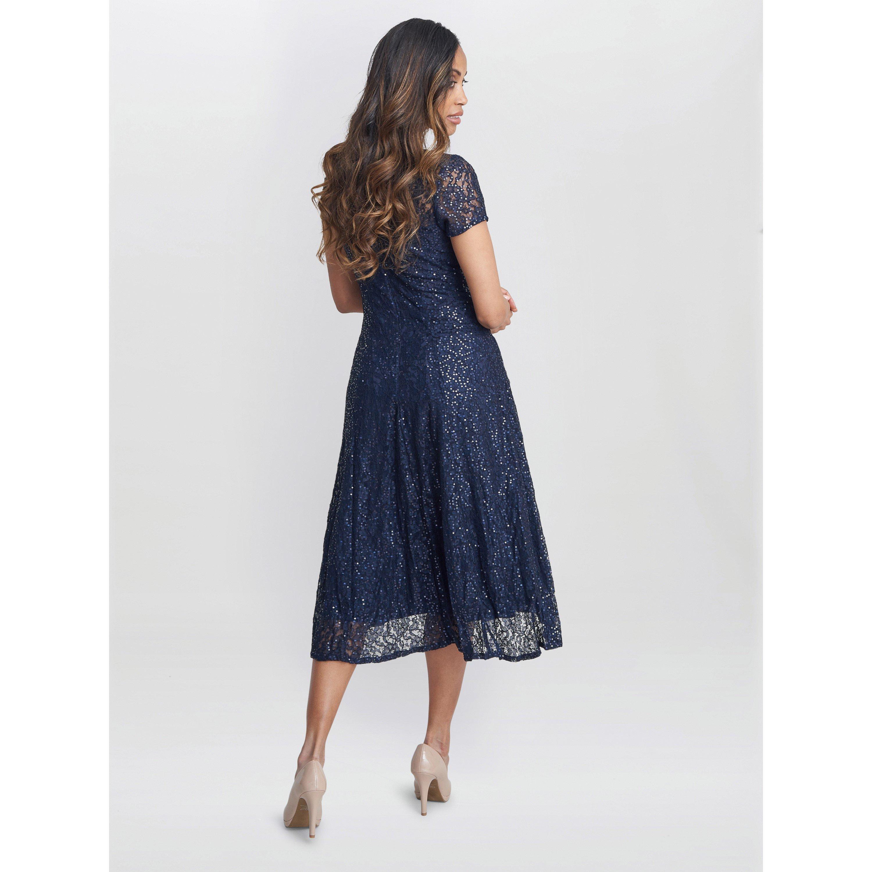 Navy - Gina Bacconi - Genny Cap Sleeve Midi Sequin Lace Dress - 2