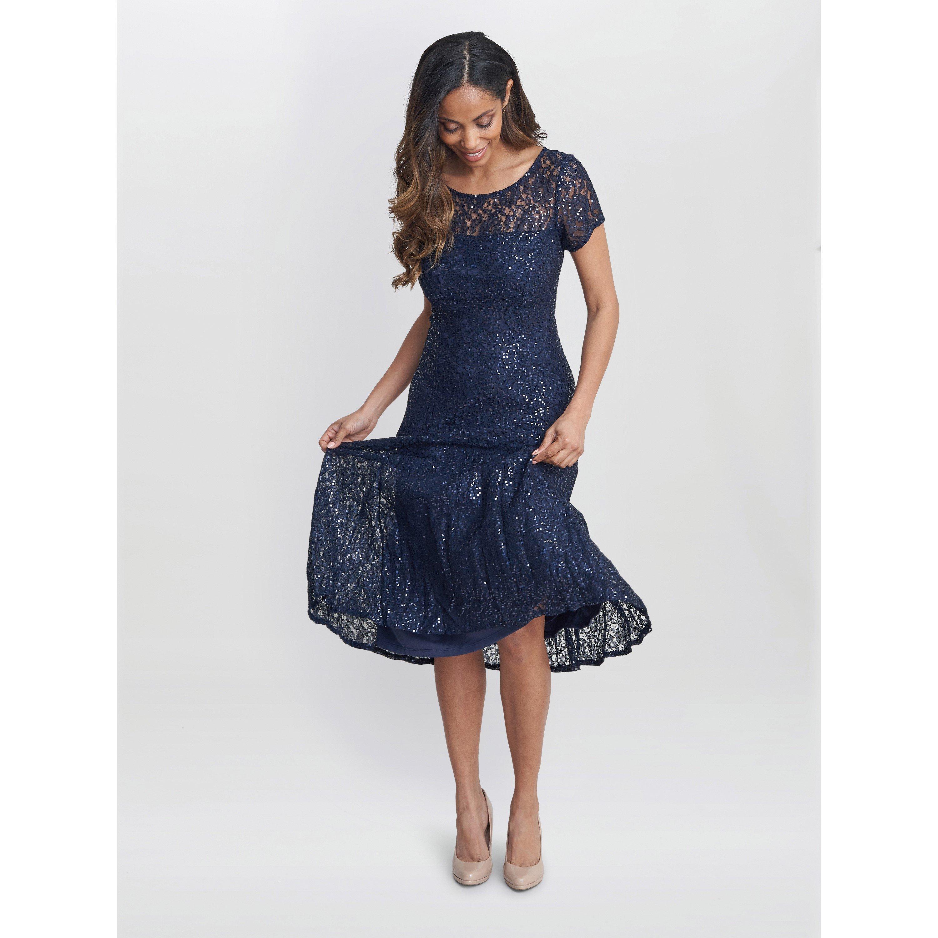 Navy - Gina Bacconi - Genny Cap Sleeve Midi Sequin Lace Dress - 3