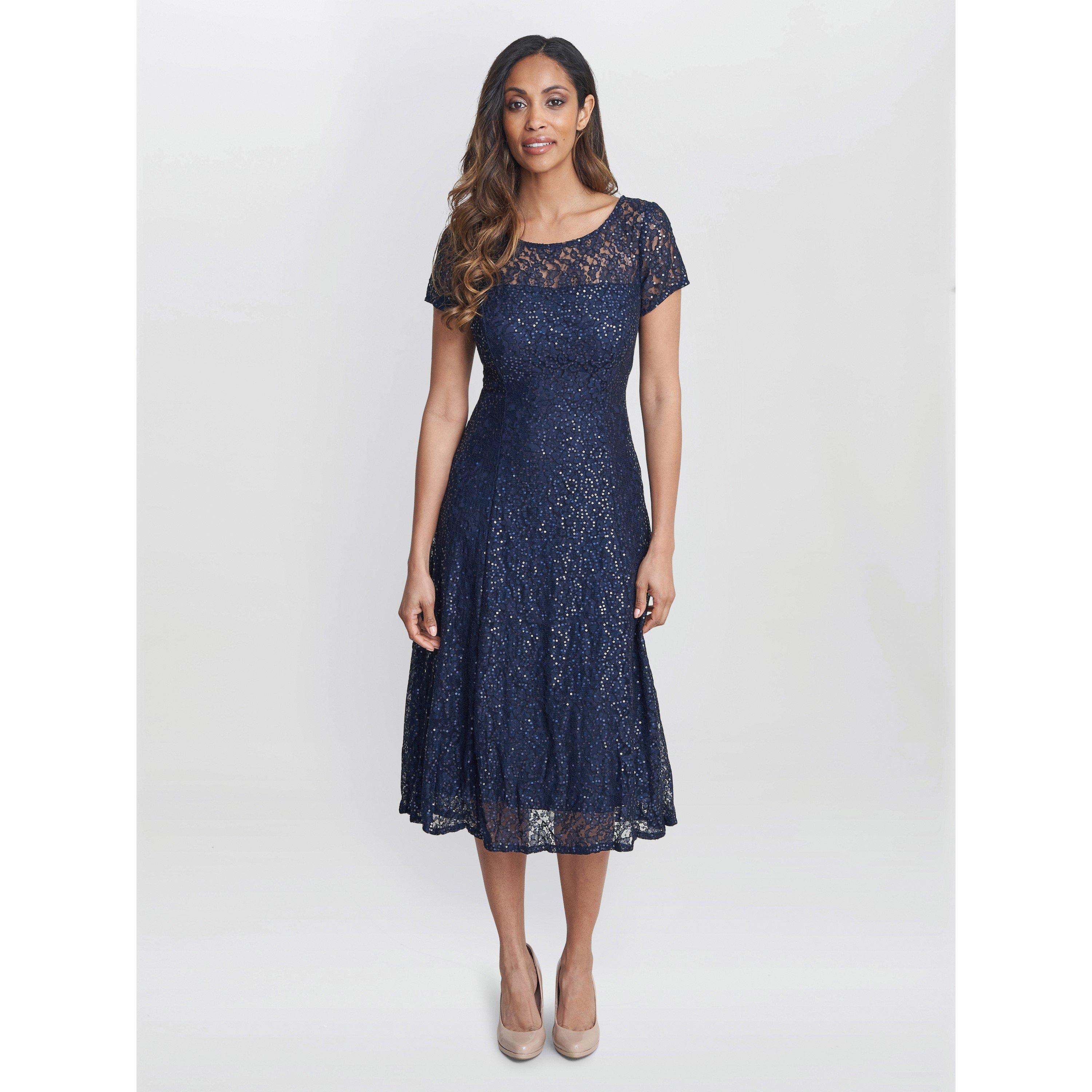 Navy - Gina Bacconi - Genny Cap Sleeve Midi Sequin Lace Dress - 5