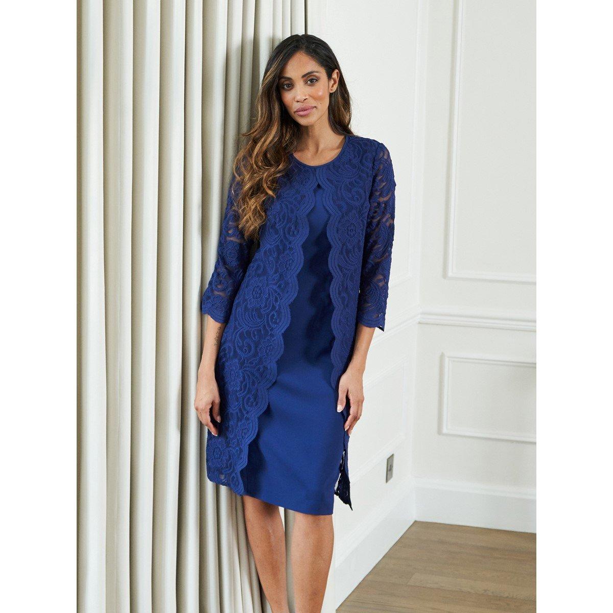 Gina Bacconi Women's Clarabelle Mock Lace Jacket Crepe Dress - Navy - 20