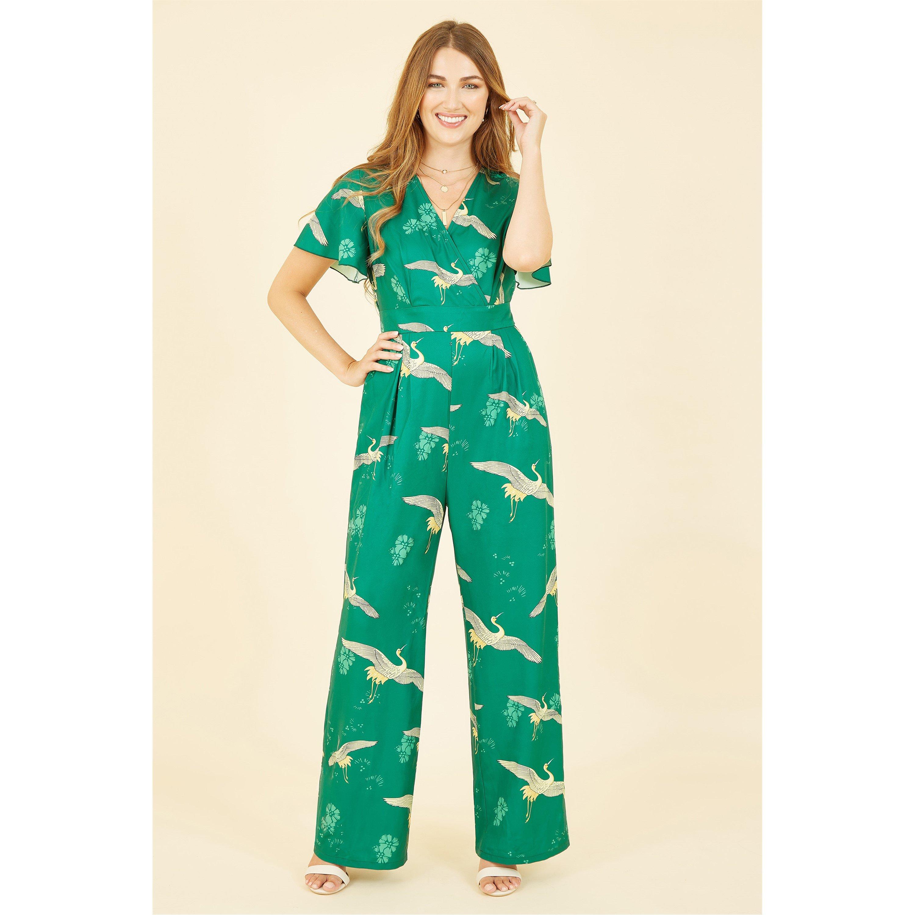 Green - Yumi - Green Crane Print Angel Sleeve Jumpsuit - 1