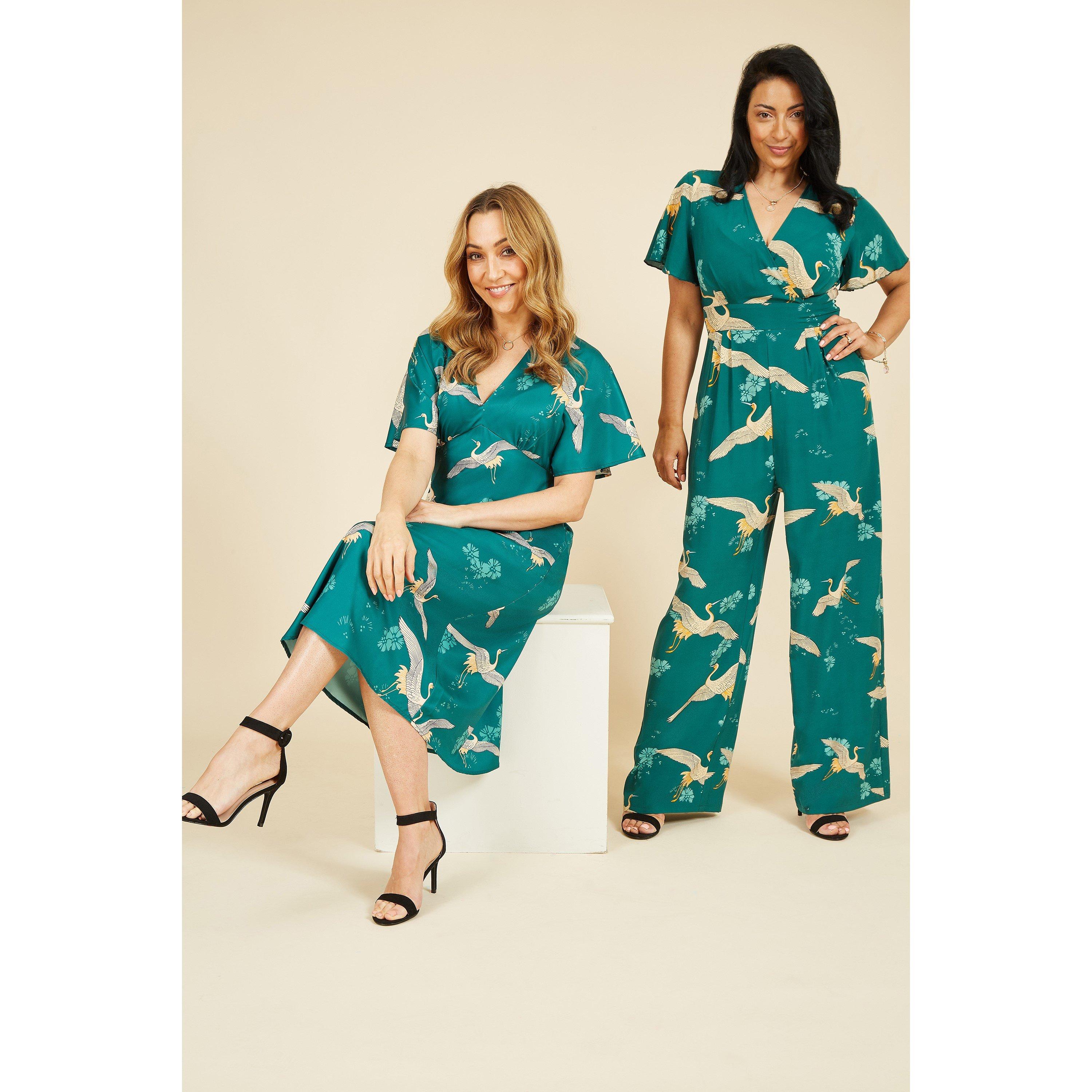 Green - Yumi - Green Crane Print Angel Sleeve Jumpsuit - 2