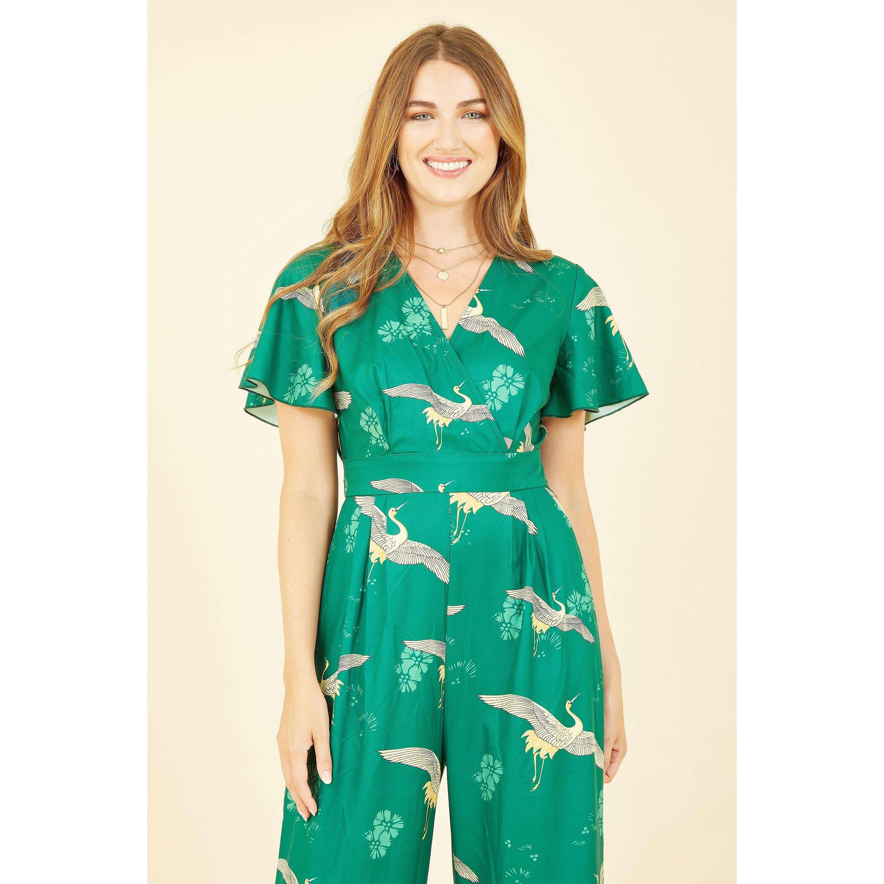 Green - Yumi - Green Crane Print Angel Sleeve Jumpsuit - 3