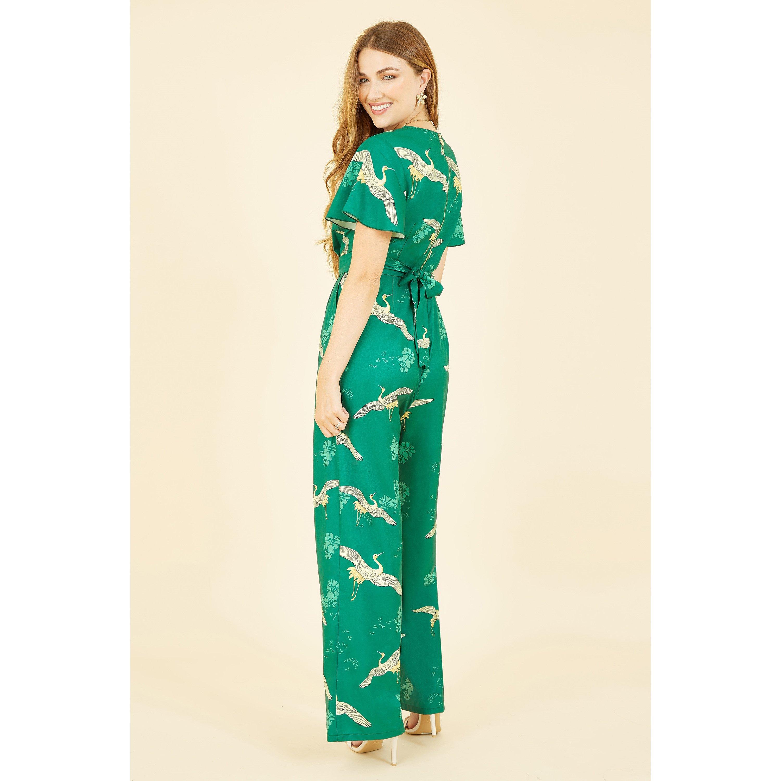 Green - Yumi - Green Crane Print Angel Sleeve Jumpsuit - 4
