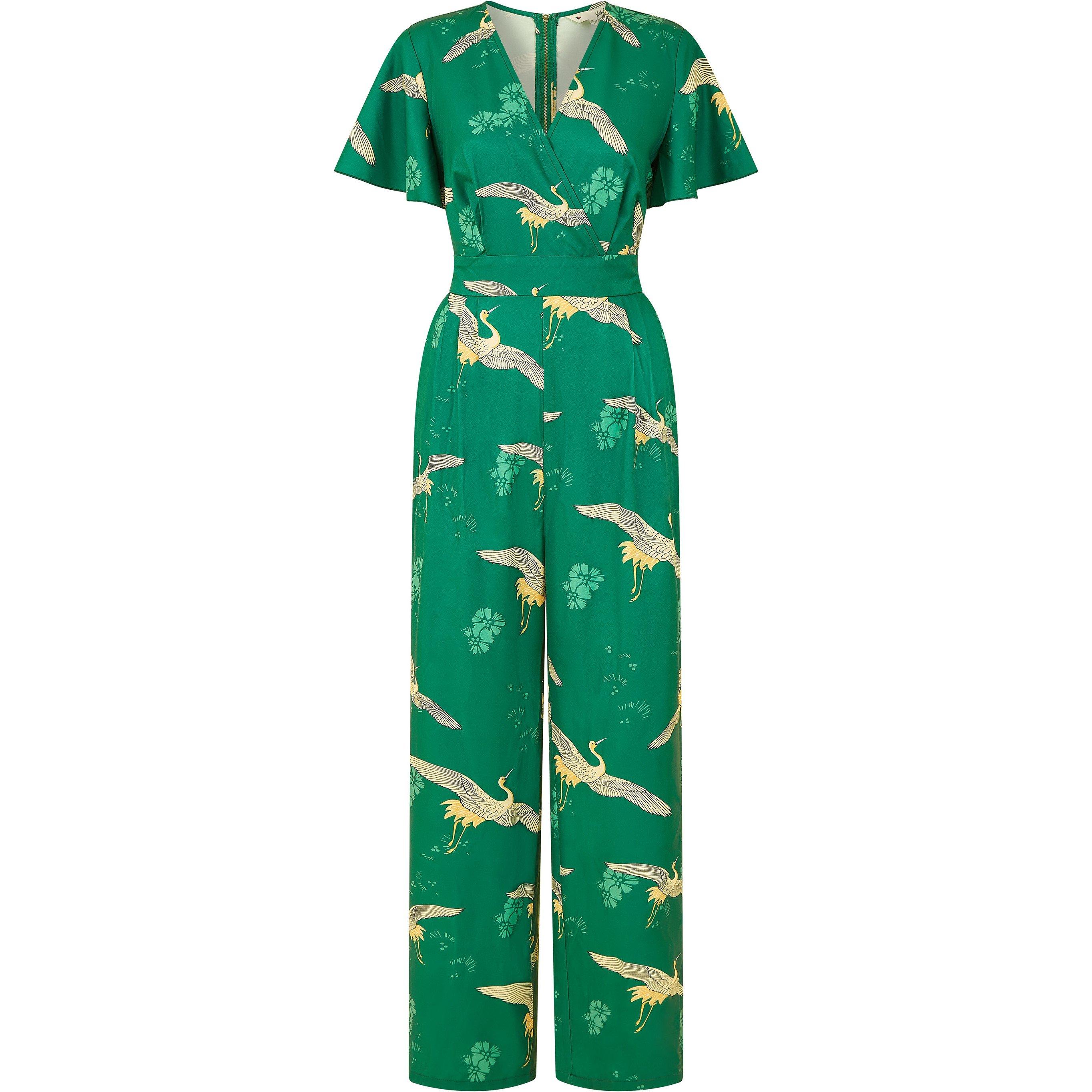 Green - Yumi - Green Crane Print Angel Sleeve Jumpsuit - 5