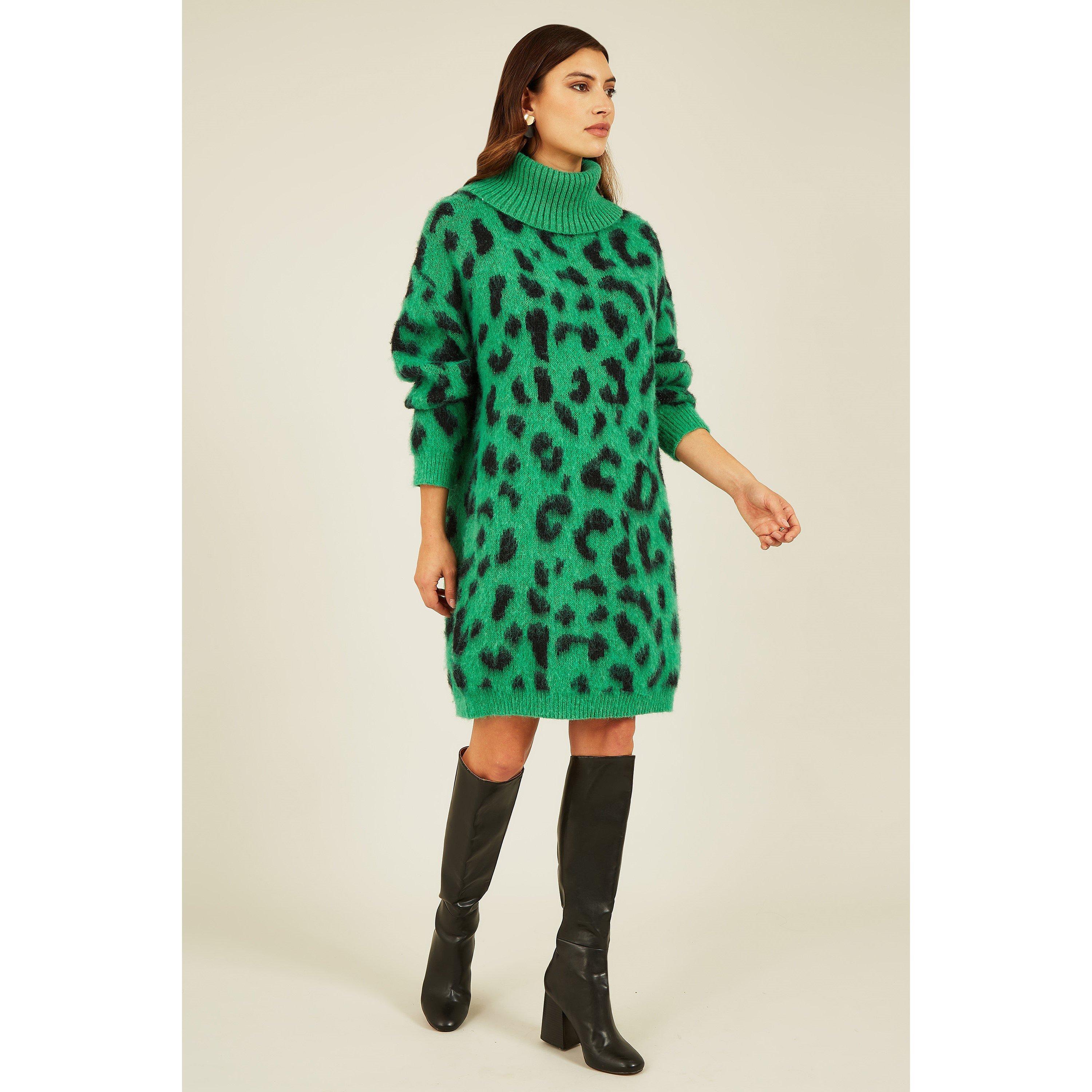 Green - Yumi - Green Animal Roll Neck Knitted Dress - 2
