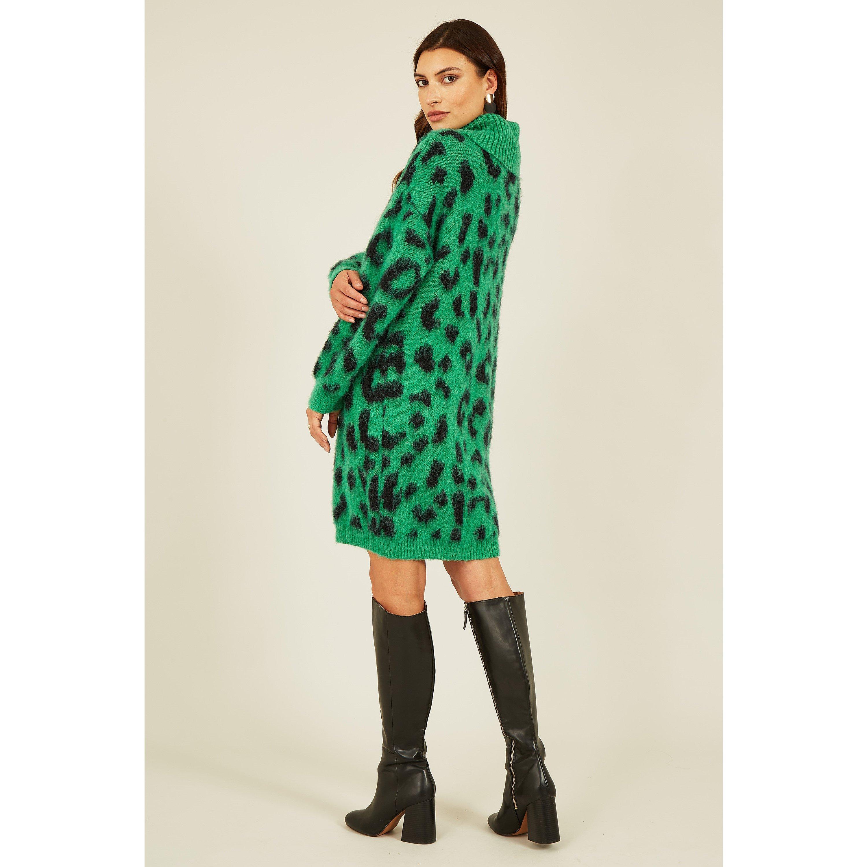 Green - Yumi - Green Animal Roll Neck Knitted Dress - 3