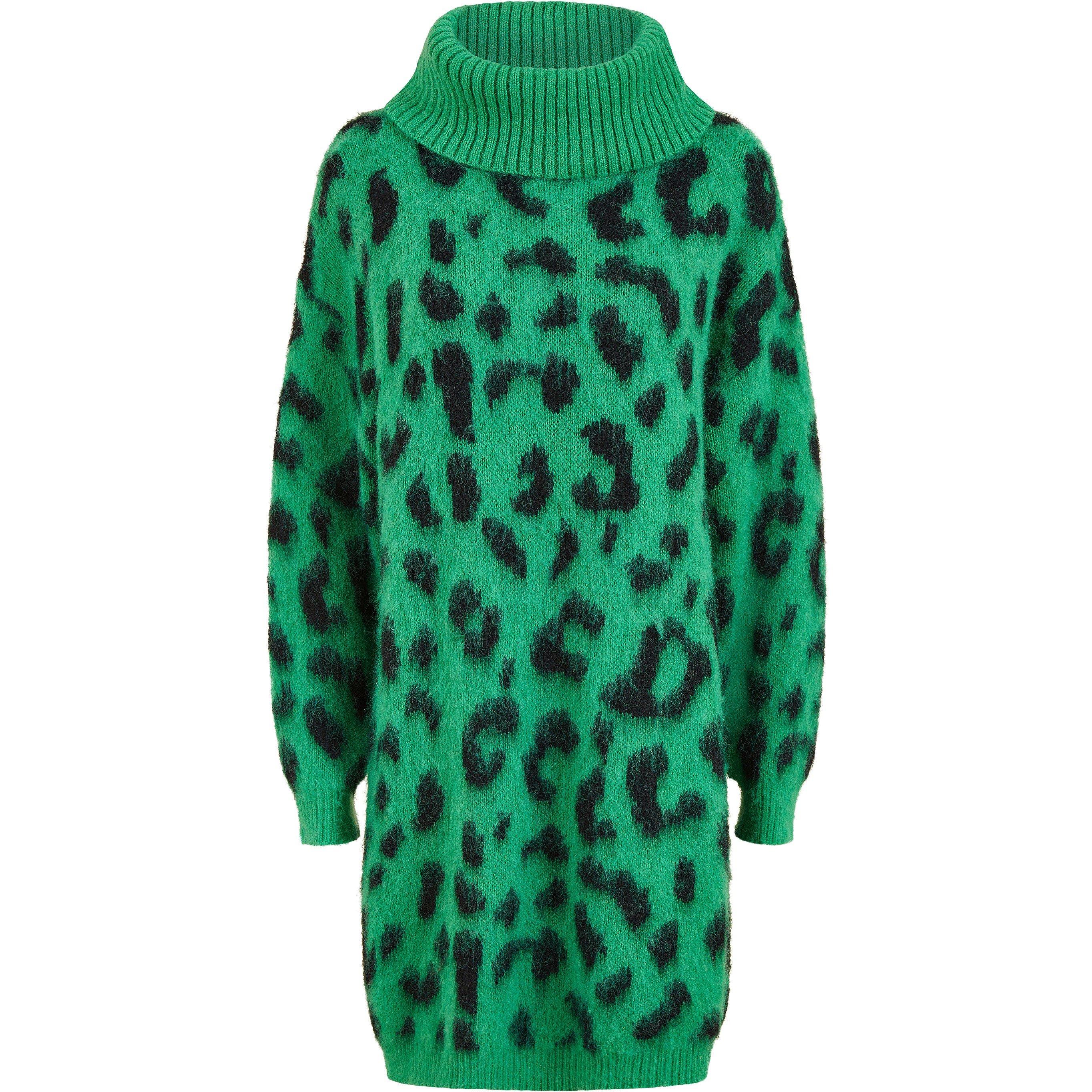 Green - Yumi - Green Animal Roll Neck Knitted Dress - 4