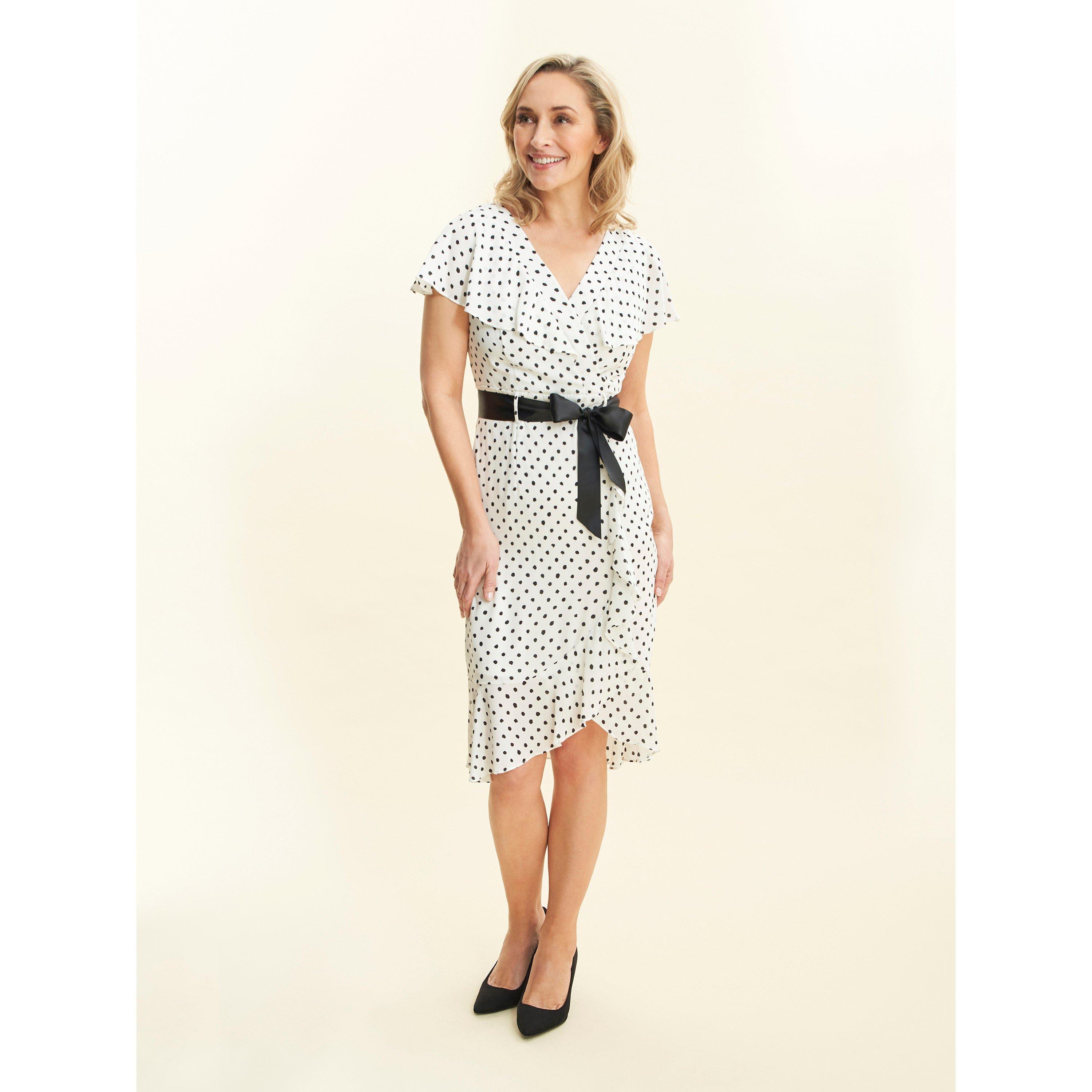 Off White / Bk - Gina Bacconi - Fina Georgette Wrap Dress With Frills - 1