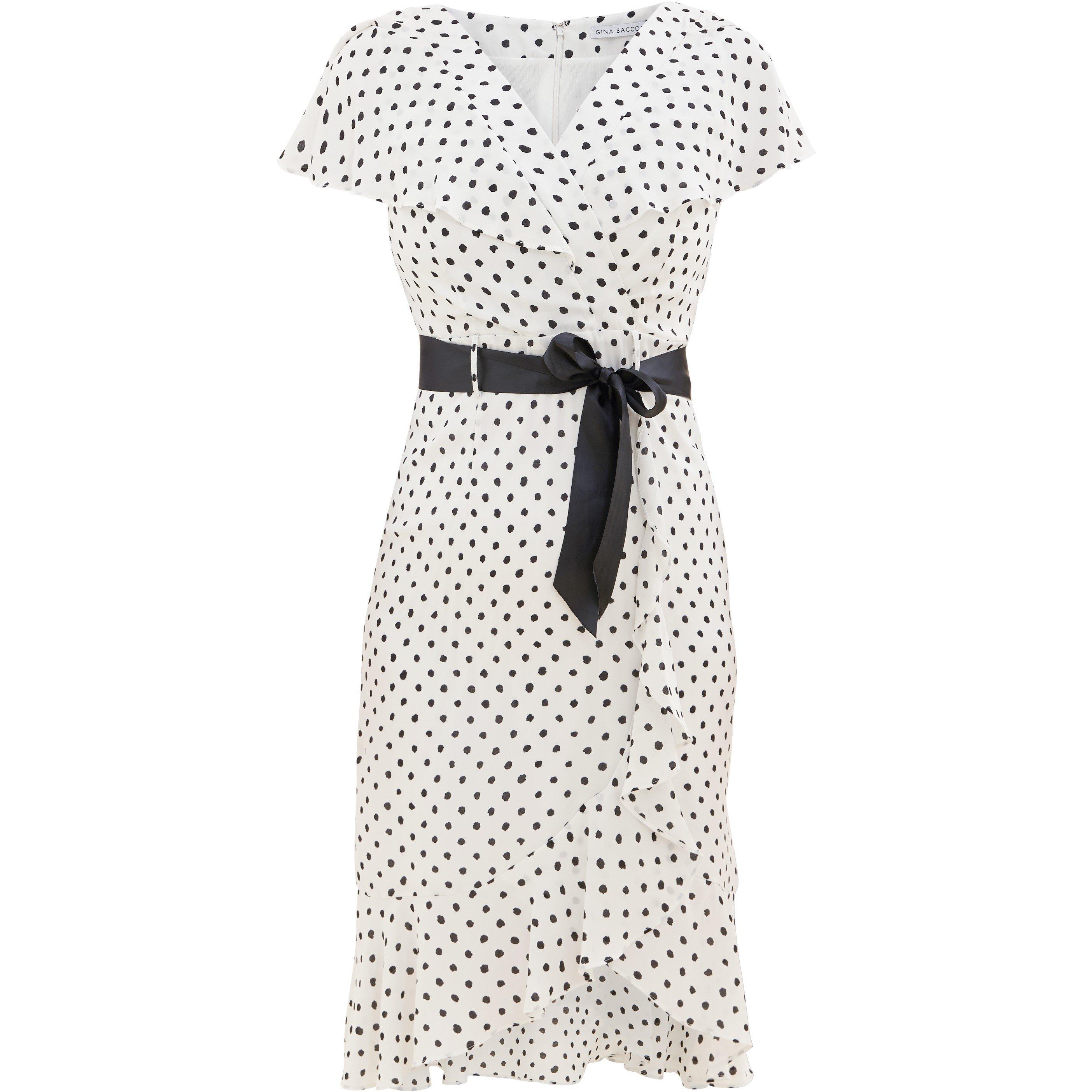 Off White / Bk - Gina Bacconi - Fina Georgette Wrap Dress With Frills - 4