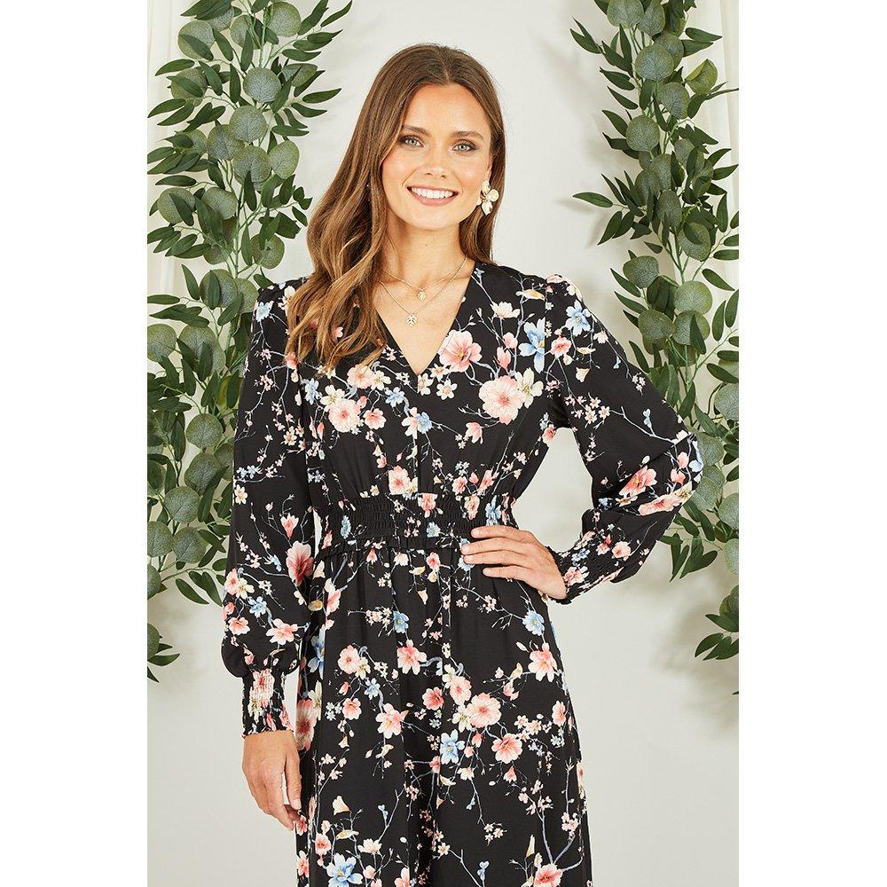Black - Yumi - Black Floral Print Ruched Midi Dress - 2