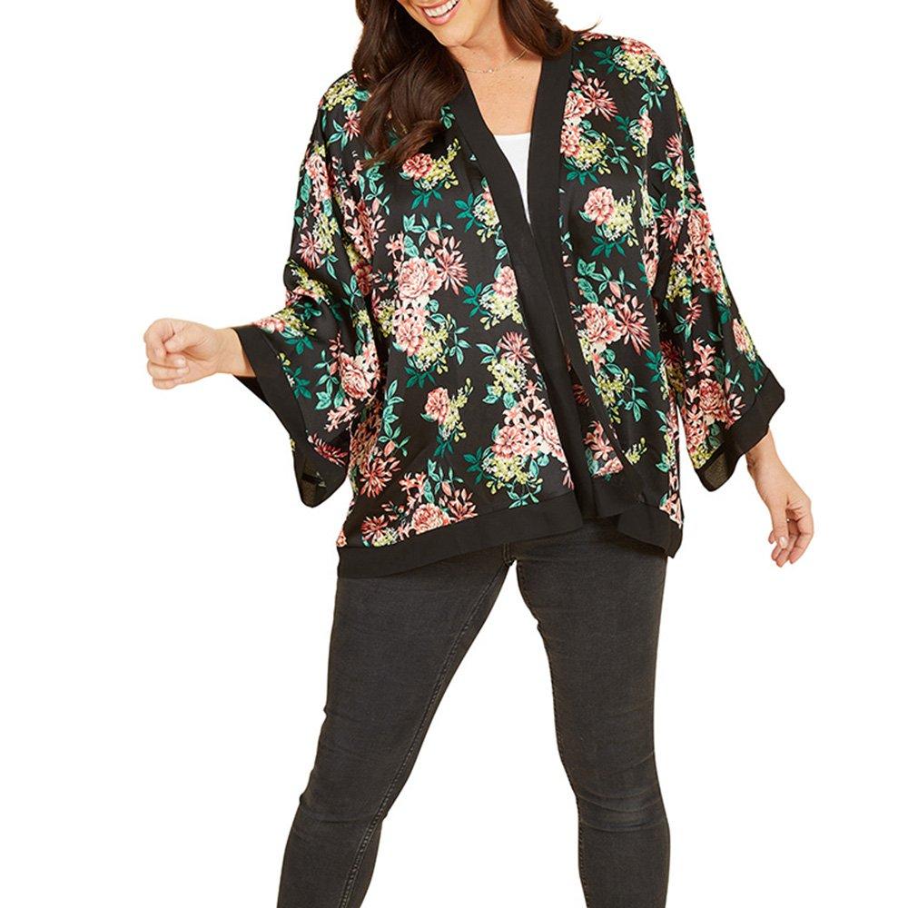 Black - Yumi - Black Floral Satin Kimono - 1