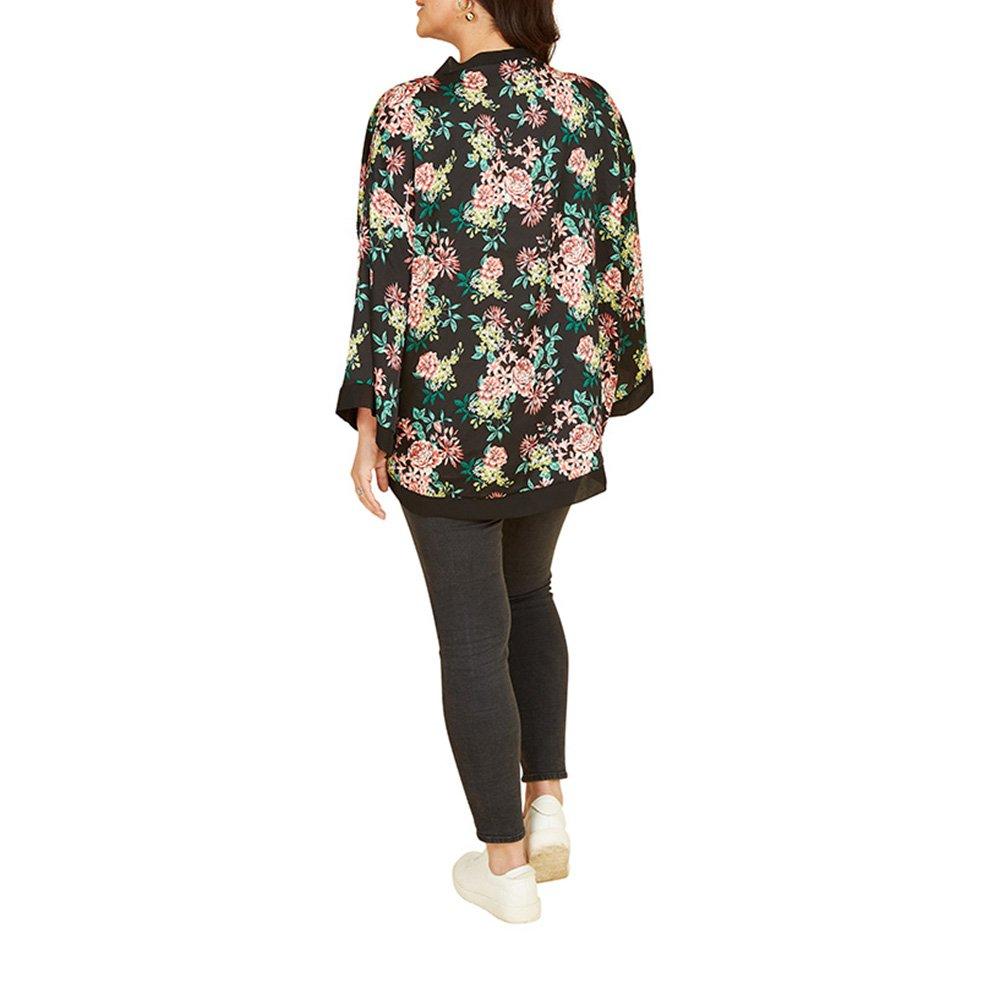 Black - Yumi - Black Floral Satin Kimono - 3